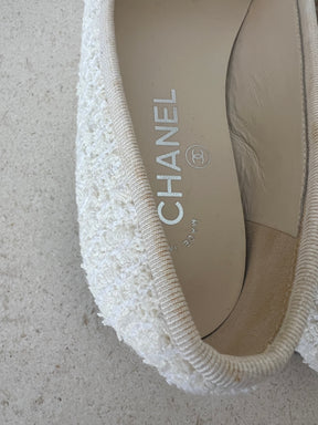 Chanel Cream Tweed Logo Ballet Flats, 37C