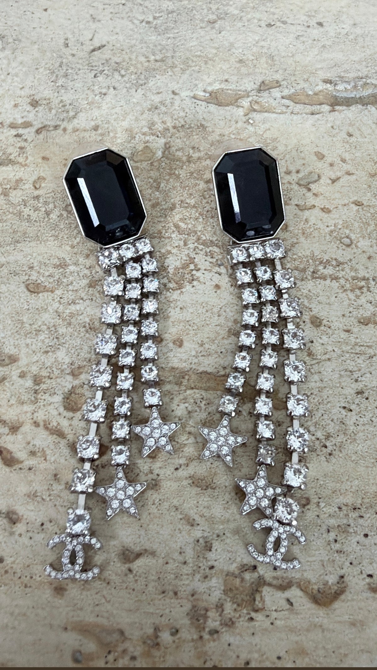 Chanel Black Crystal Diamonte Drop Earrings