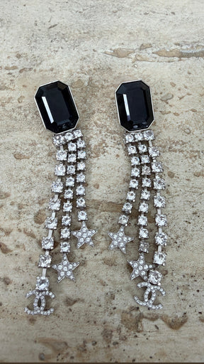Chanel Black Crystal Diamonte Drop Earrings