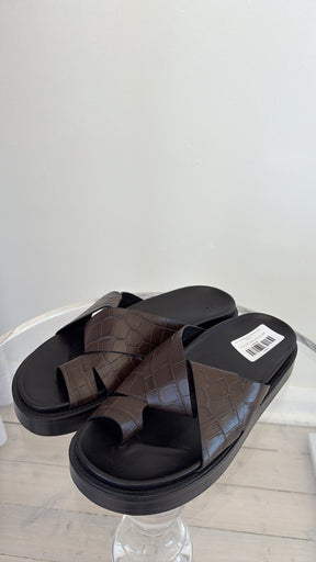 Camilla and Marc Brown Croc Embossed Leather Slides, 40