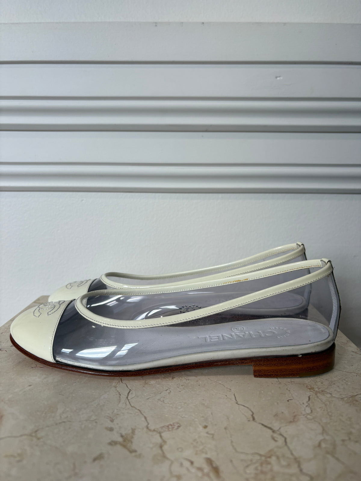 Chanel Cream Patent and PVC Logo Ballet Flats, 36.5