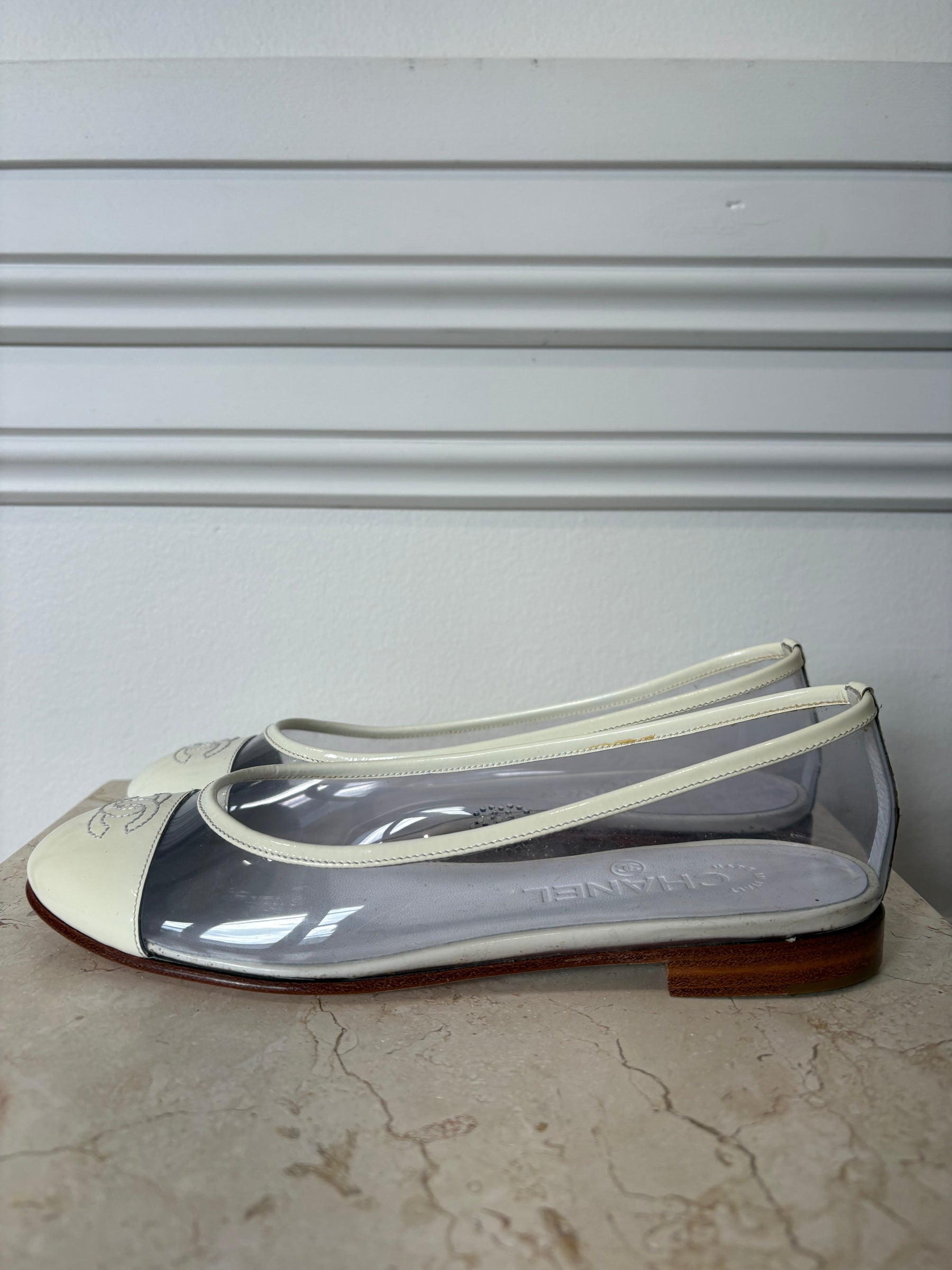 Chanel Cream Patent and PVC Logo Ballet Flats, 36.5