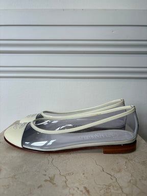 Chanel Cream Patent and PVC Logo Ballet Flats, 36.5