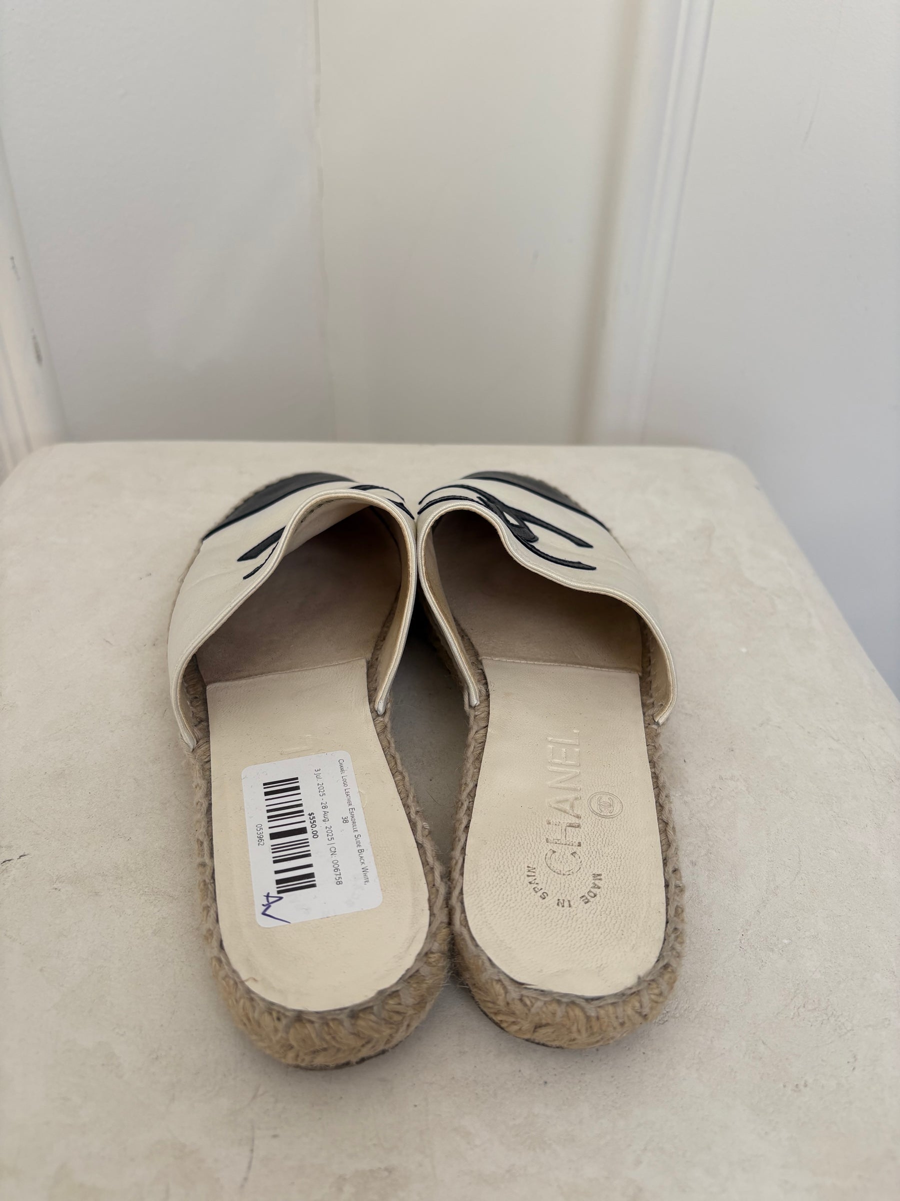 Chanel Logo Leather Espadrille Slide Black White, 38