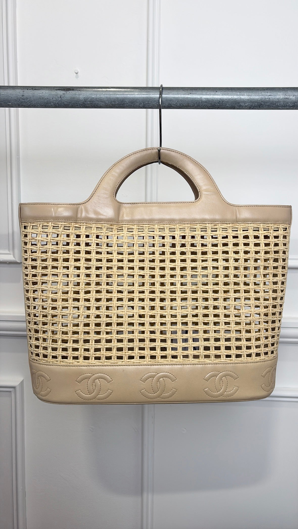 Chanel Beige Leather Raffia Logo Tote Bag