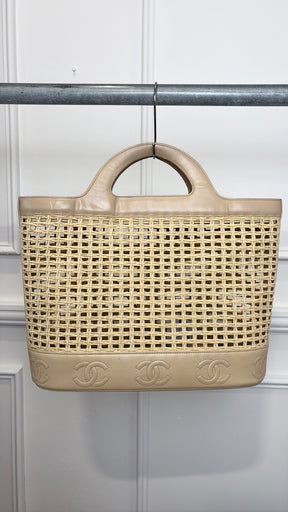Chanel Beige Leather Raffia Logo Tote Bag