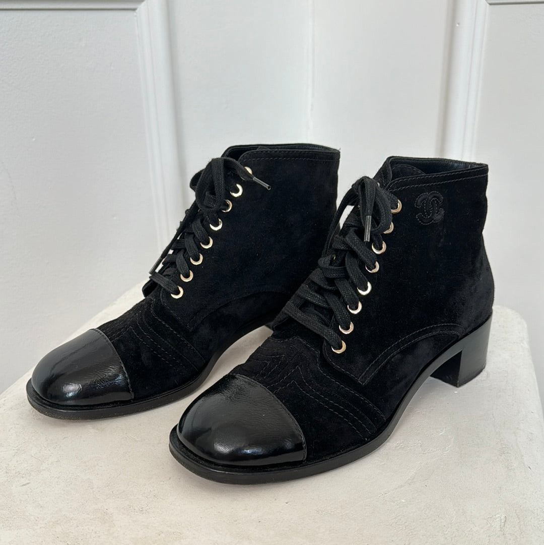 Chanel Black Suede Boots with Leather Cap Toe, 40