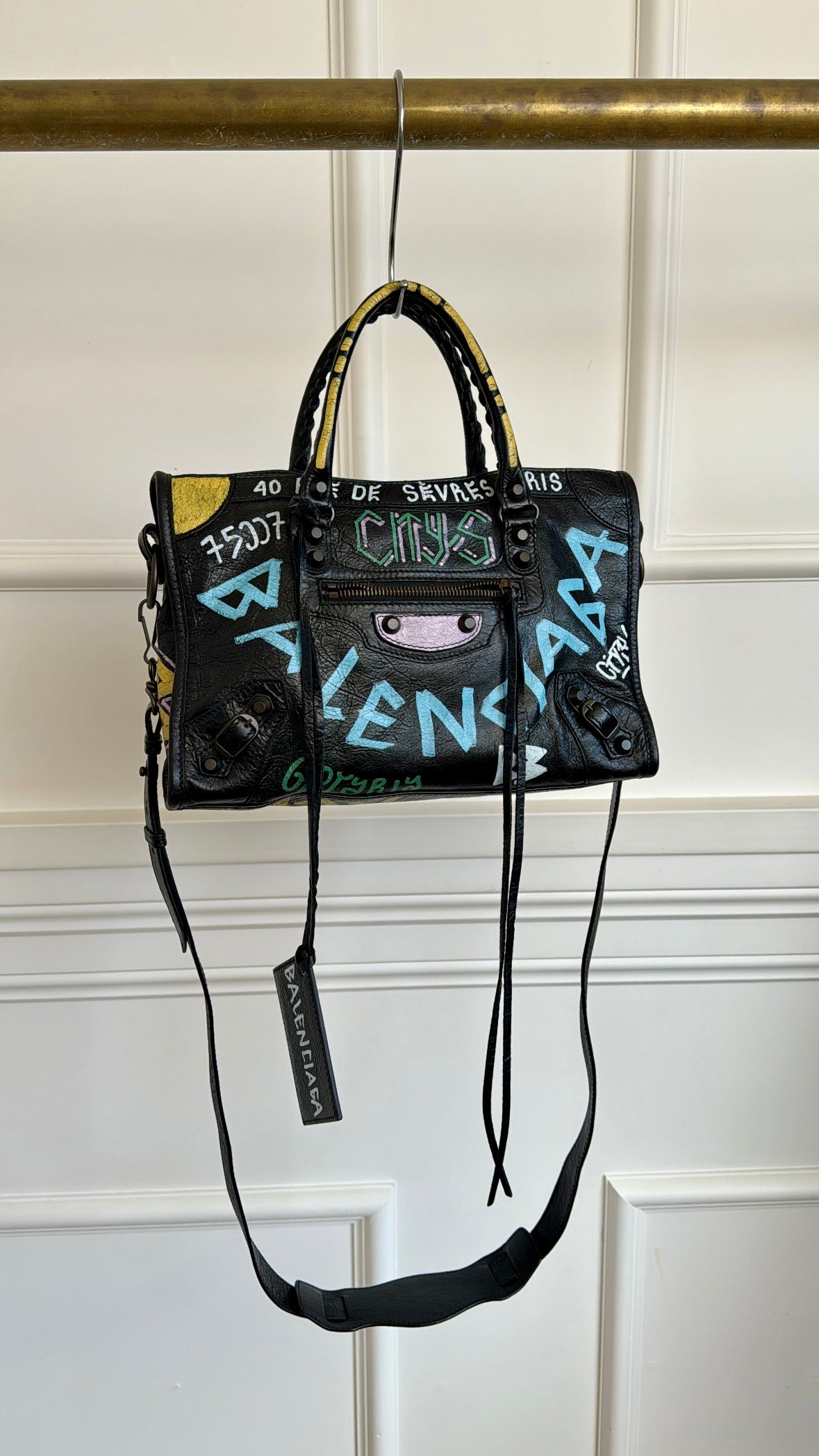 Balenciaga Black Crinkled Leather Graffiti Print City Bag