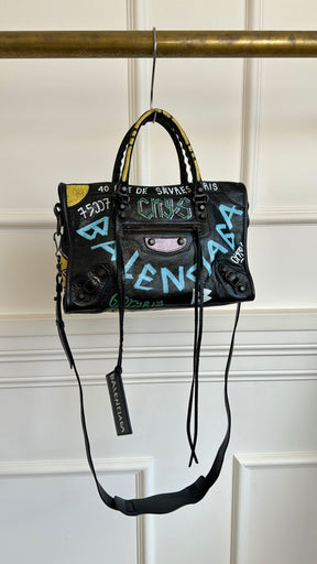 Balenciaga Black Crinkled Leather Graffiti Print City Bag