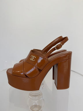 Chanel Tan Patent Leather Platform Peep Toe Pumps, 37C