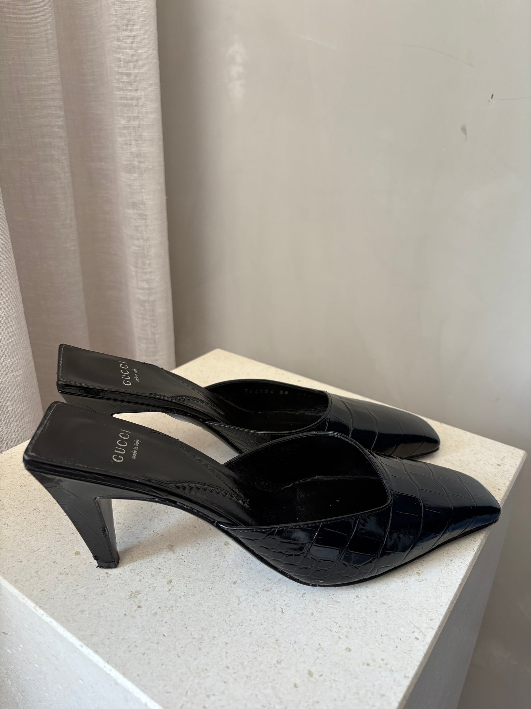 Gucci Black Croc Embossed Mules, 38