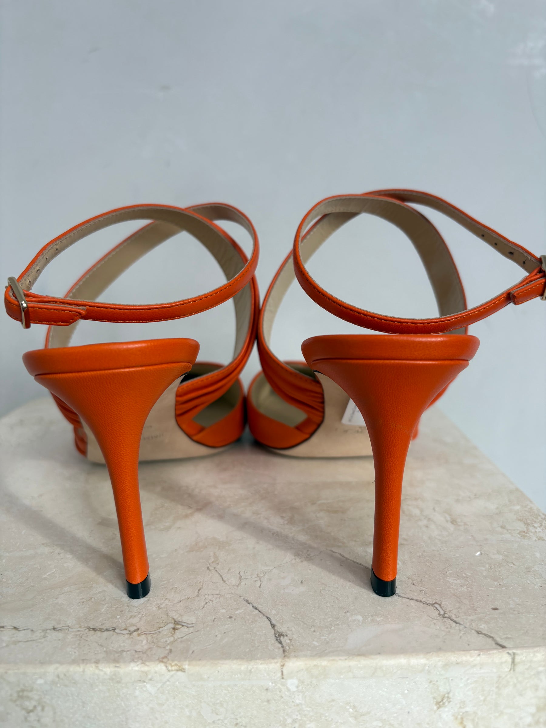 Jimmy Choo Orange Gathered Leather Ankle Strap Pointed Heels, 40