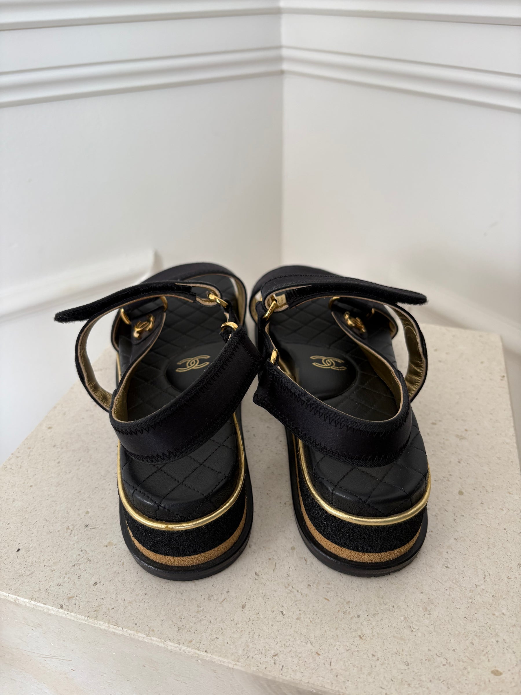 Chanel Black Satin Strappy Platform Sandal, 38.5 C