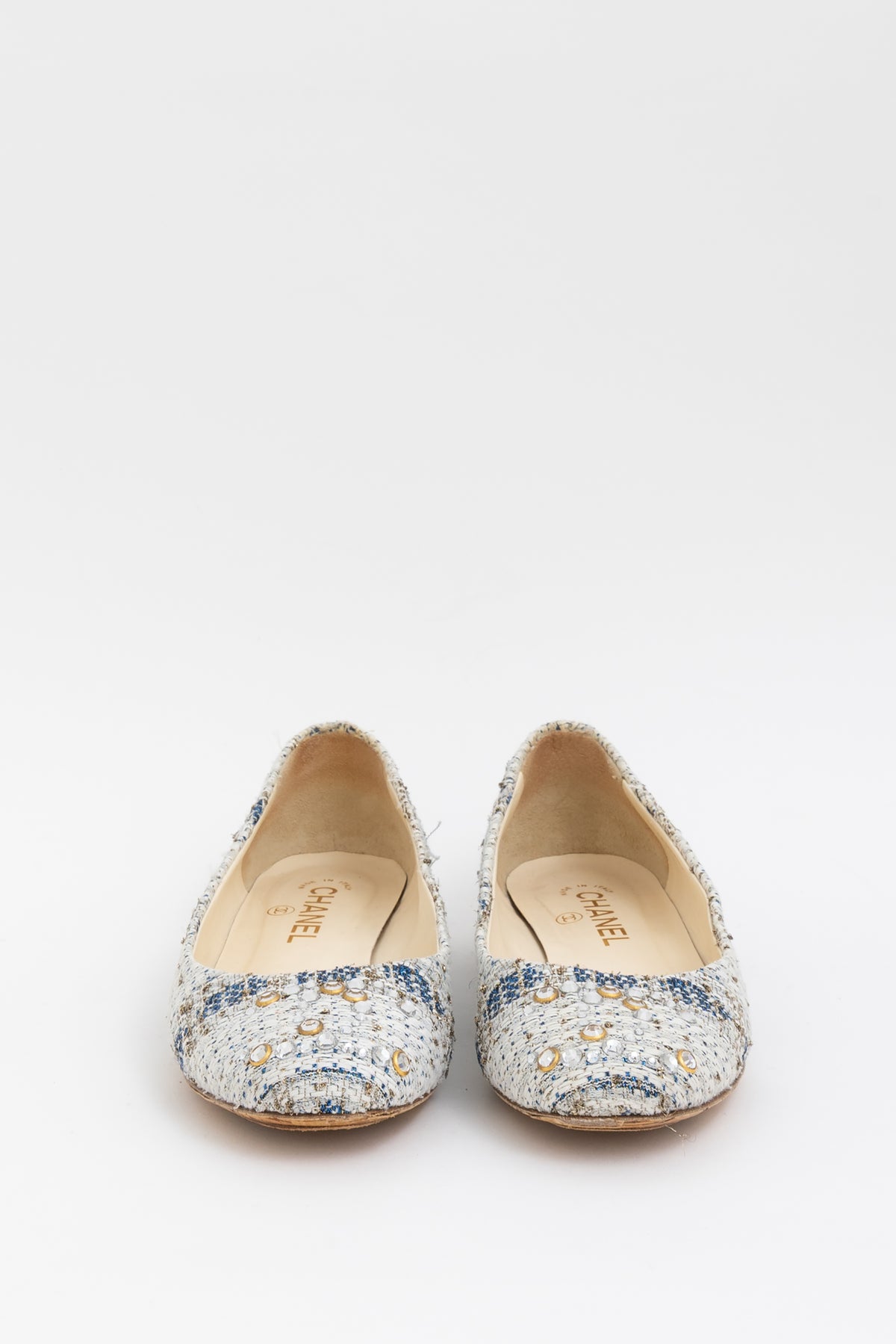 Tweed Ballet Flats With Crystal CC Logo