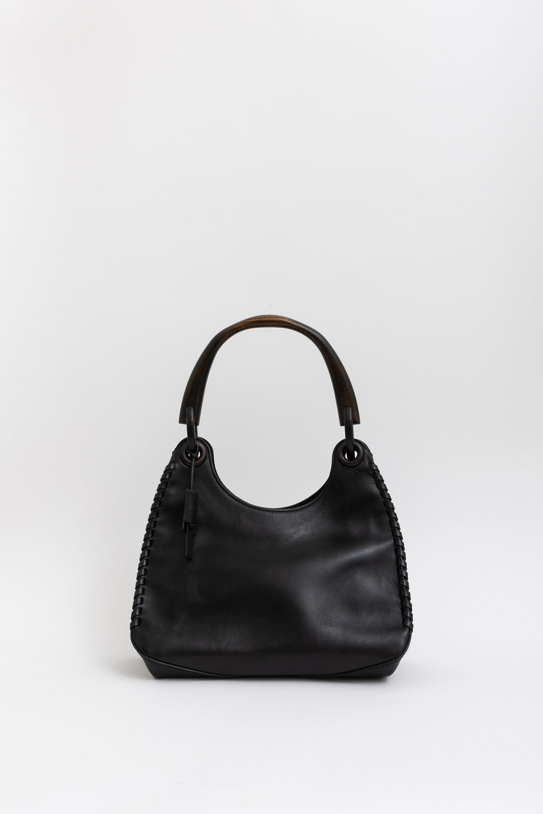 Wood Handle Leather Bag Stitch Detail