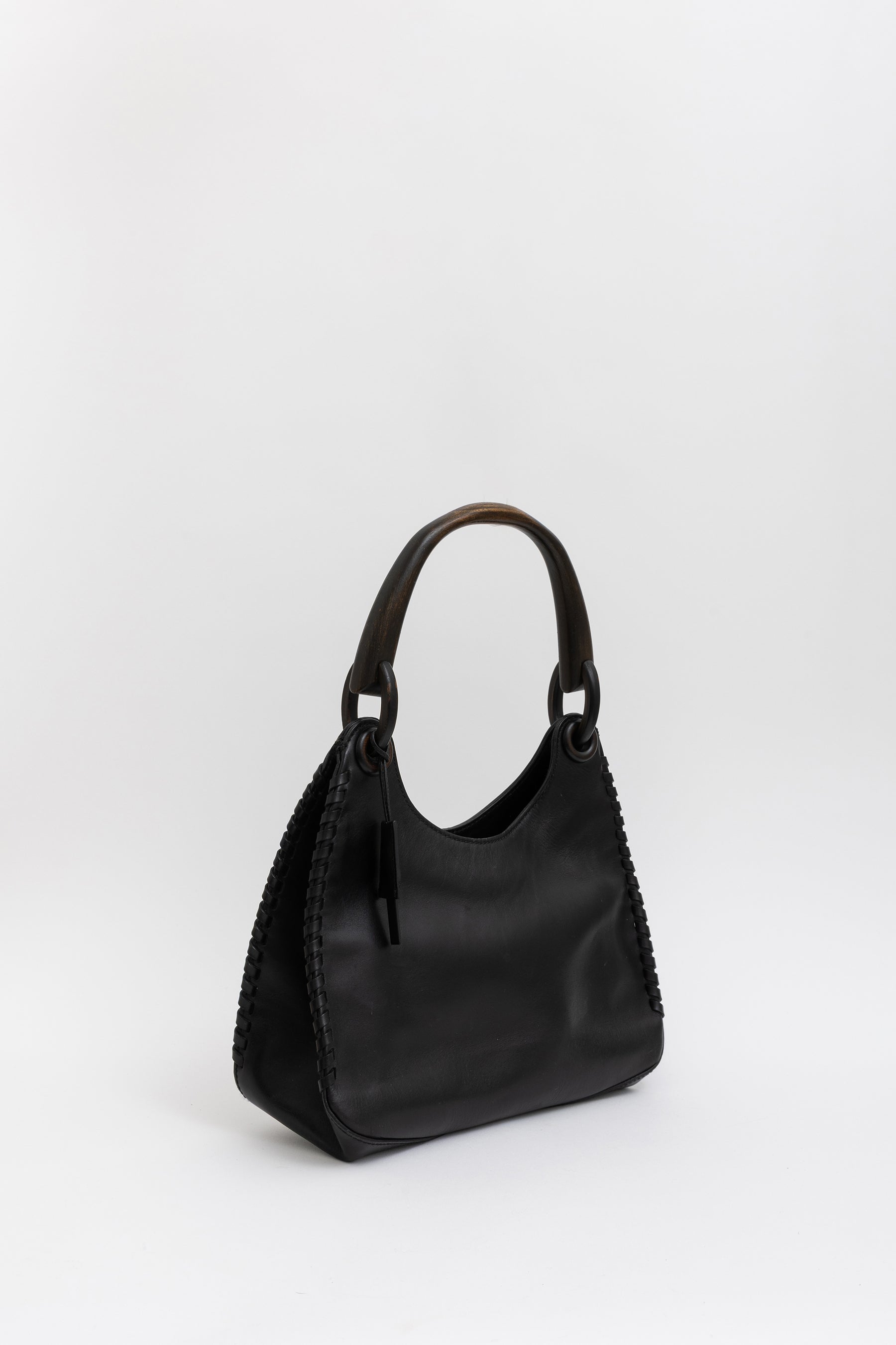 Wood Handle Leather Bag Stitch Detail