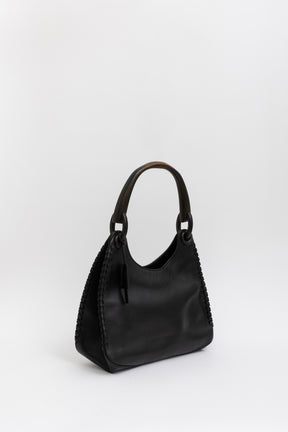 Wood Handle Leather Bag Stitch Detail