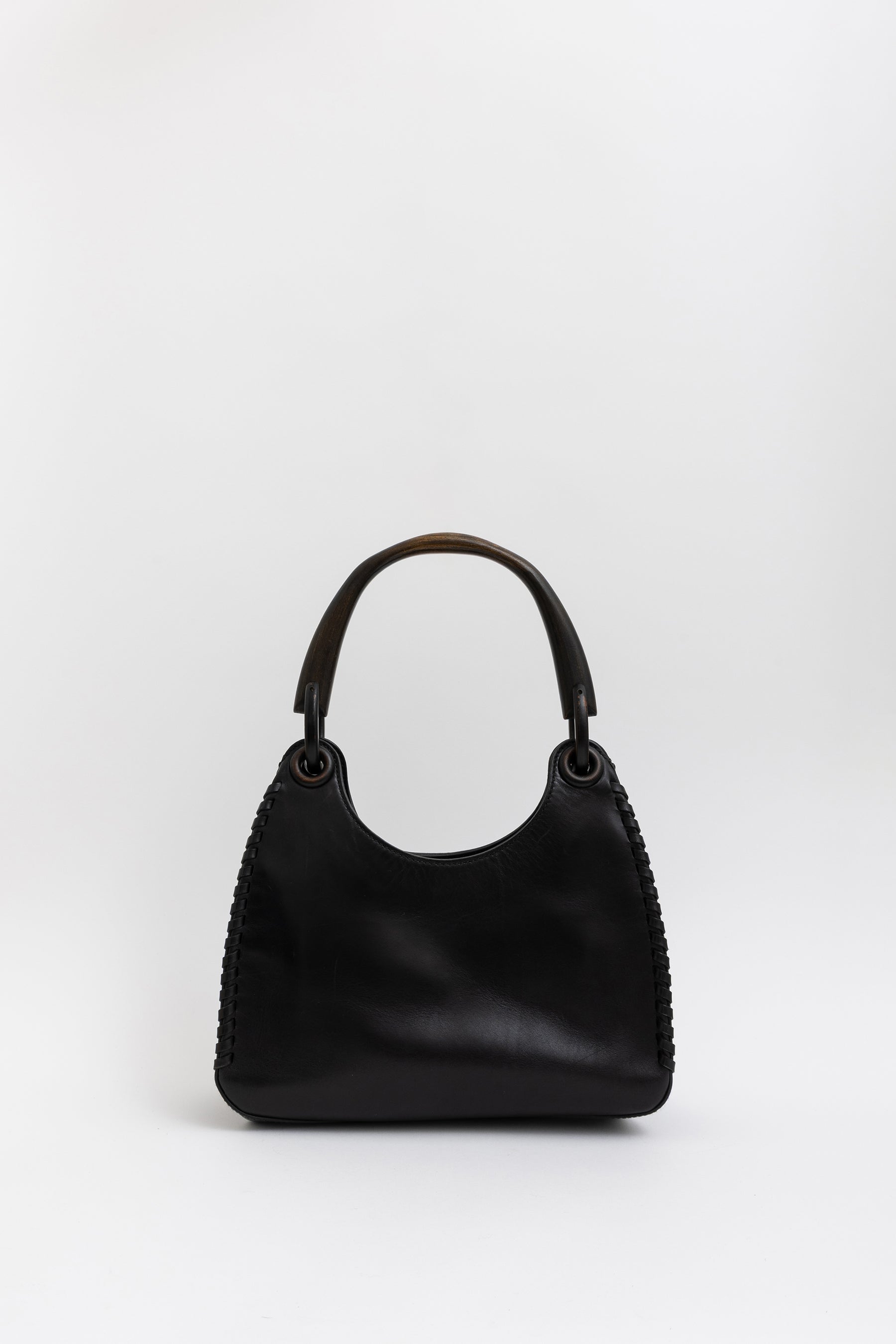 Wood Handle Leather Bag Stitch Detail