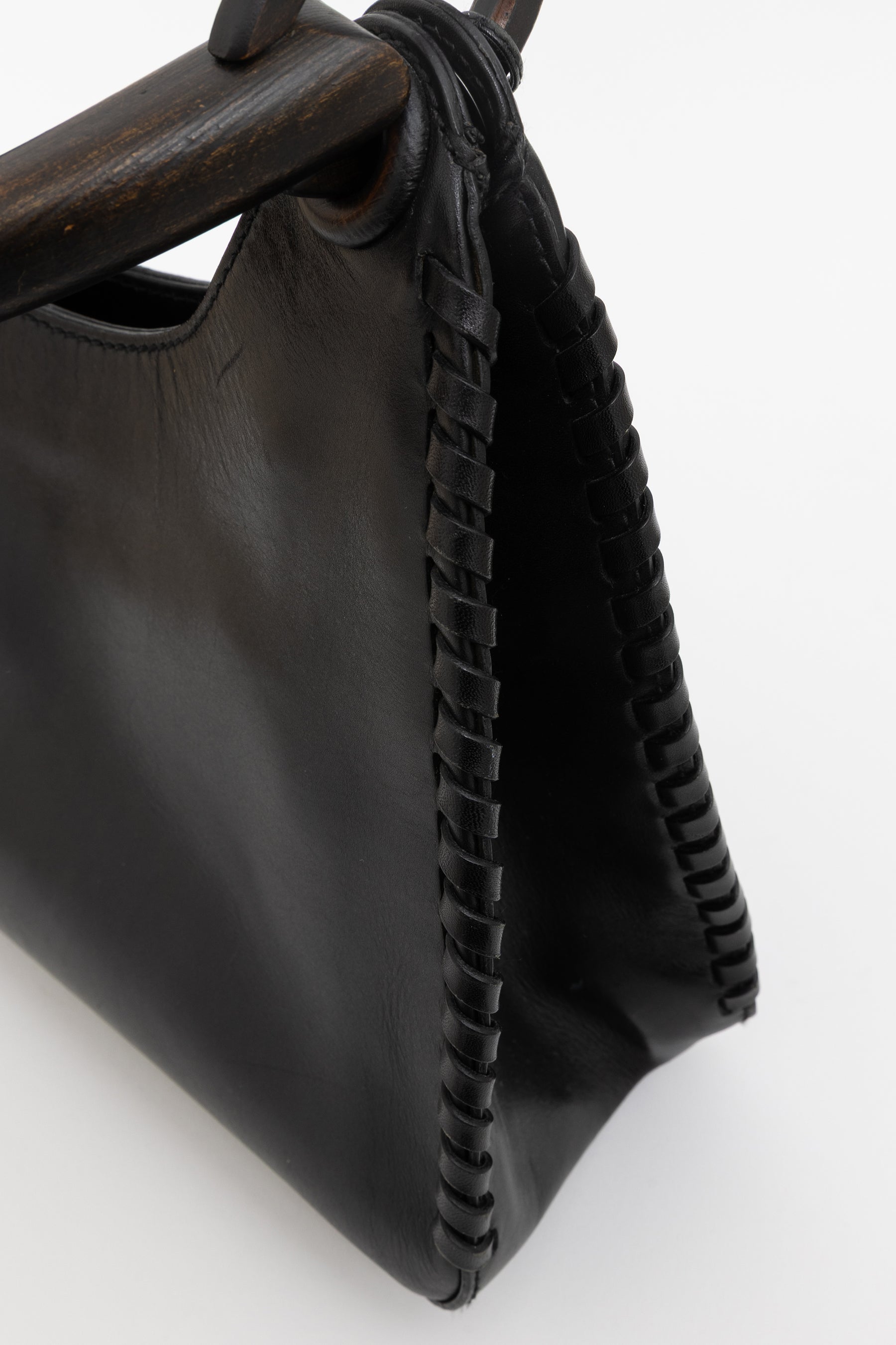 Wood Handle Leather Bag Stitch Detail