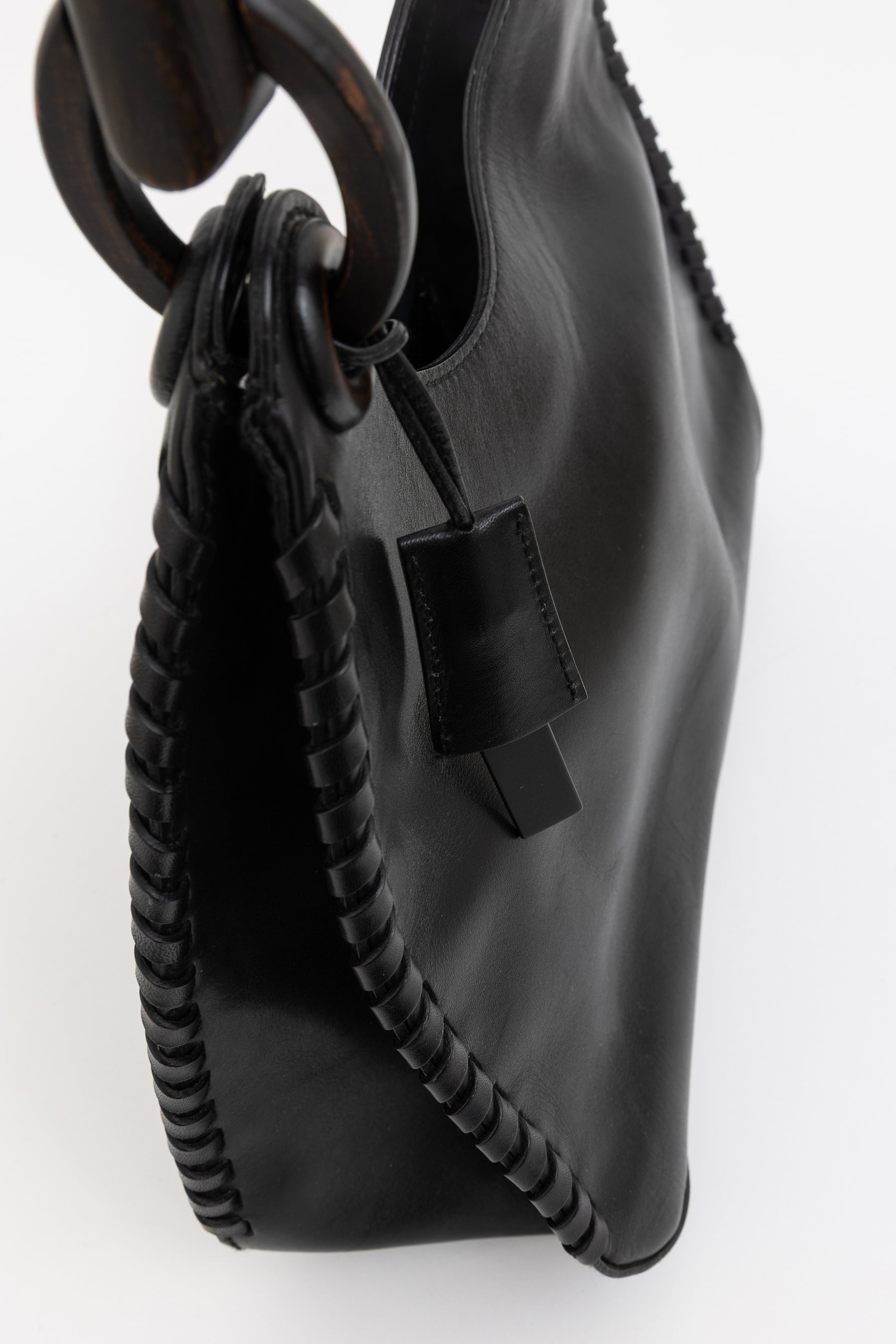 Wood Handle Leather Bag Stitch Detail