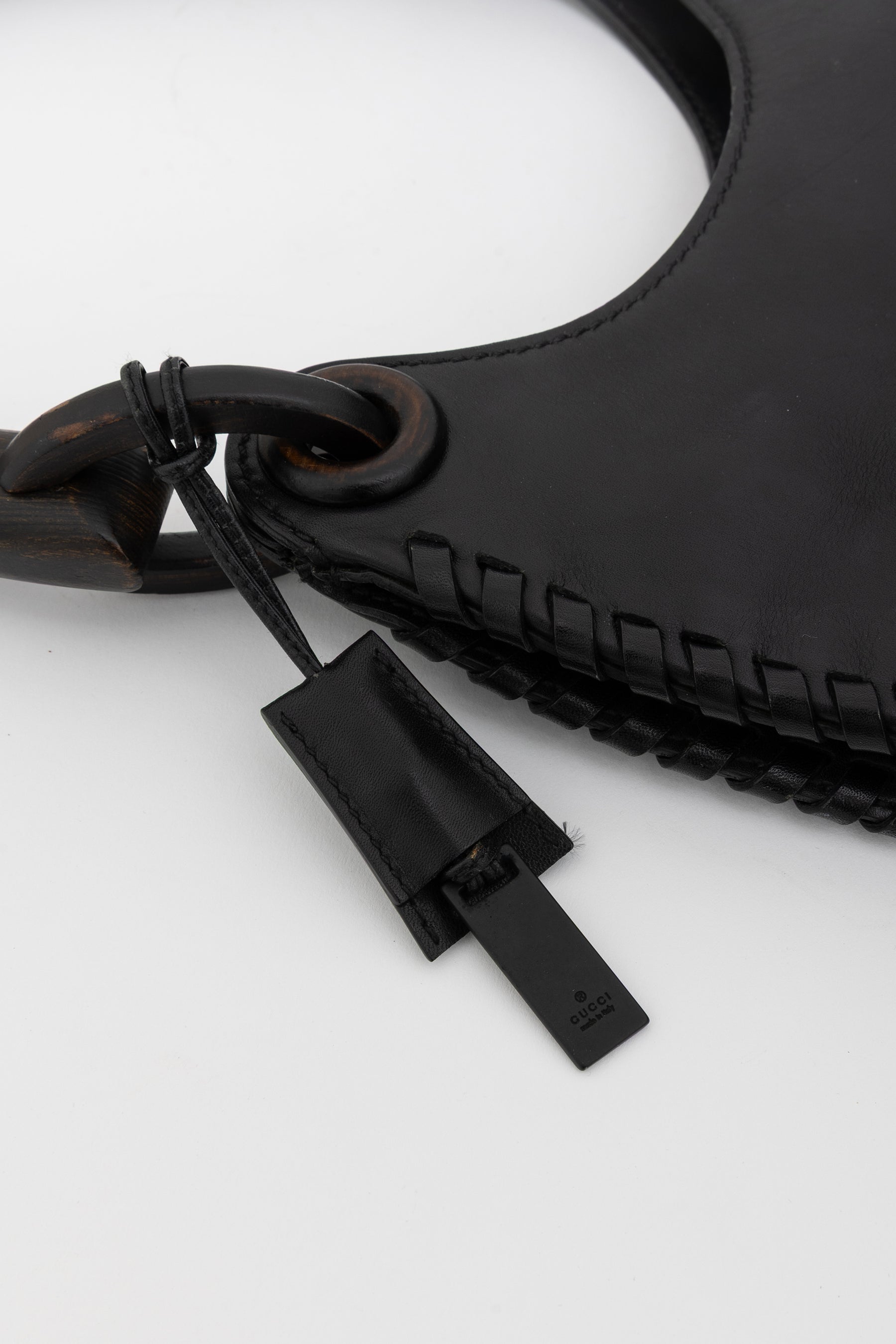 Wood Handle Leather Bag Stitch Detail