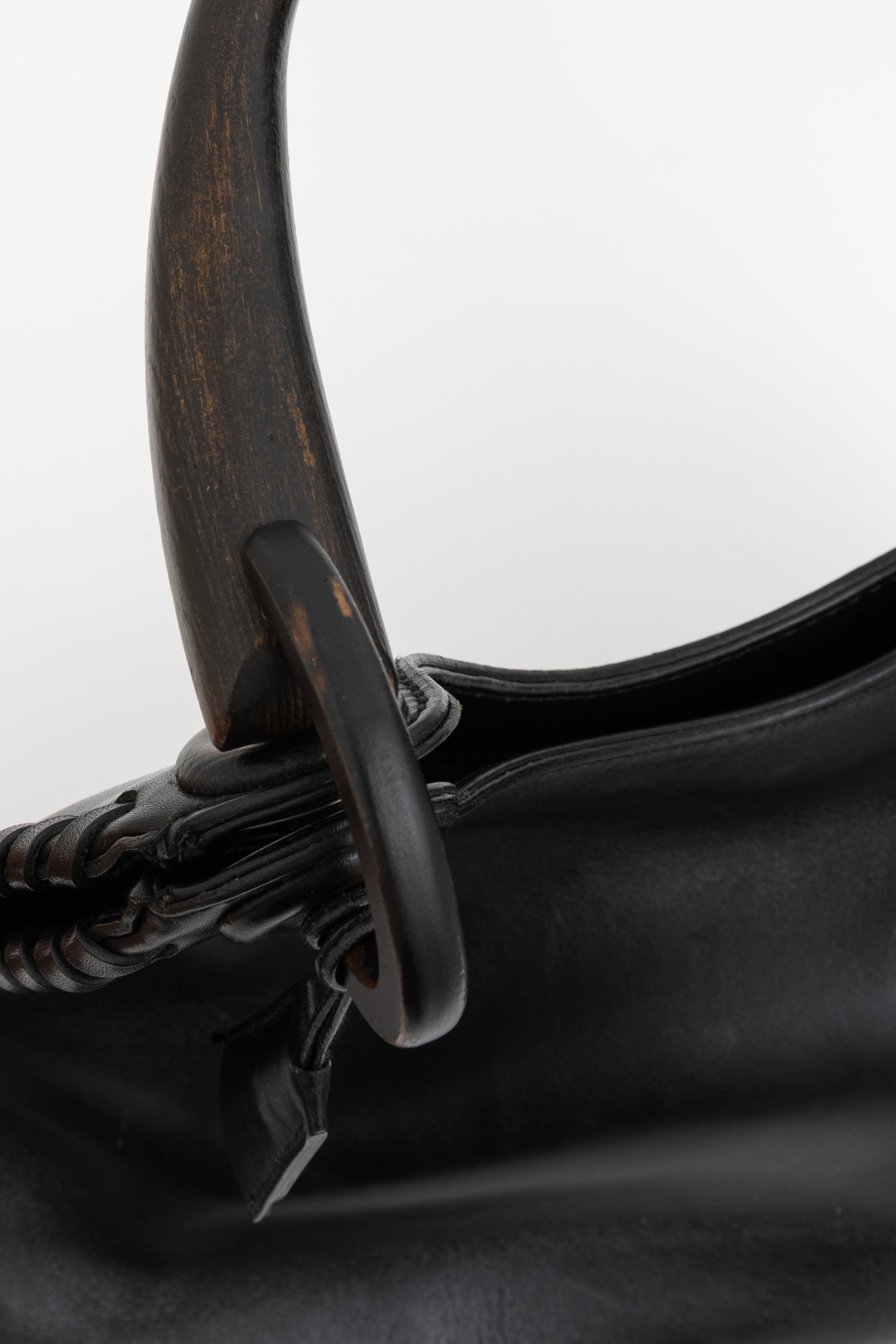 Wood Handle Leather Bag Stitch Detail