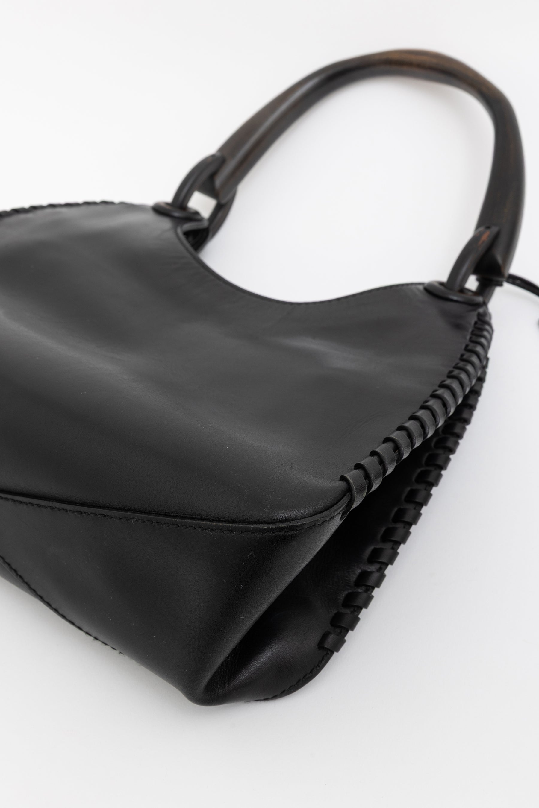 Wood Handle Leather Bag Stitch Detail