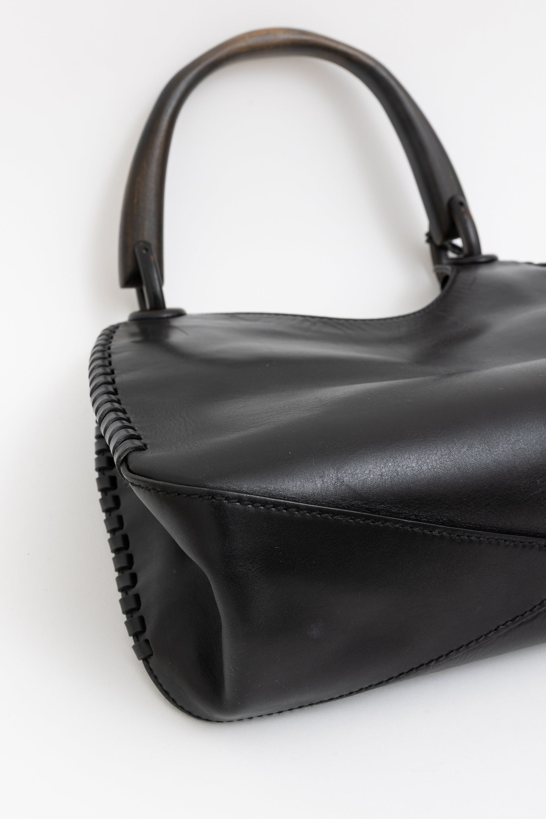 Wood Handle Leather Bag Stitch Detail