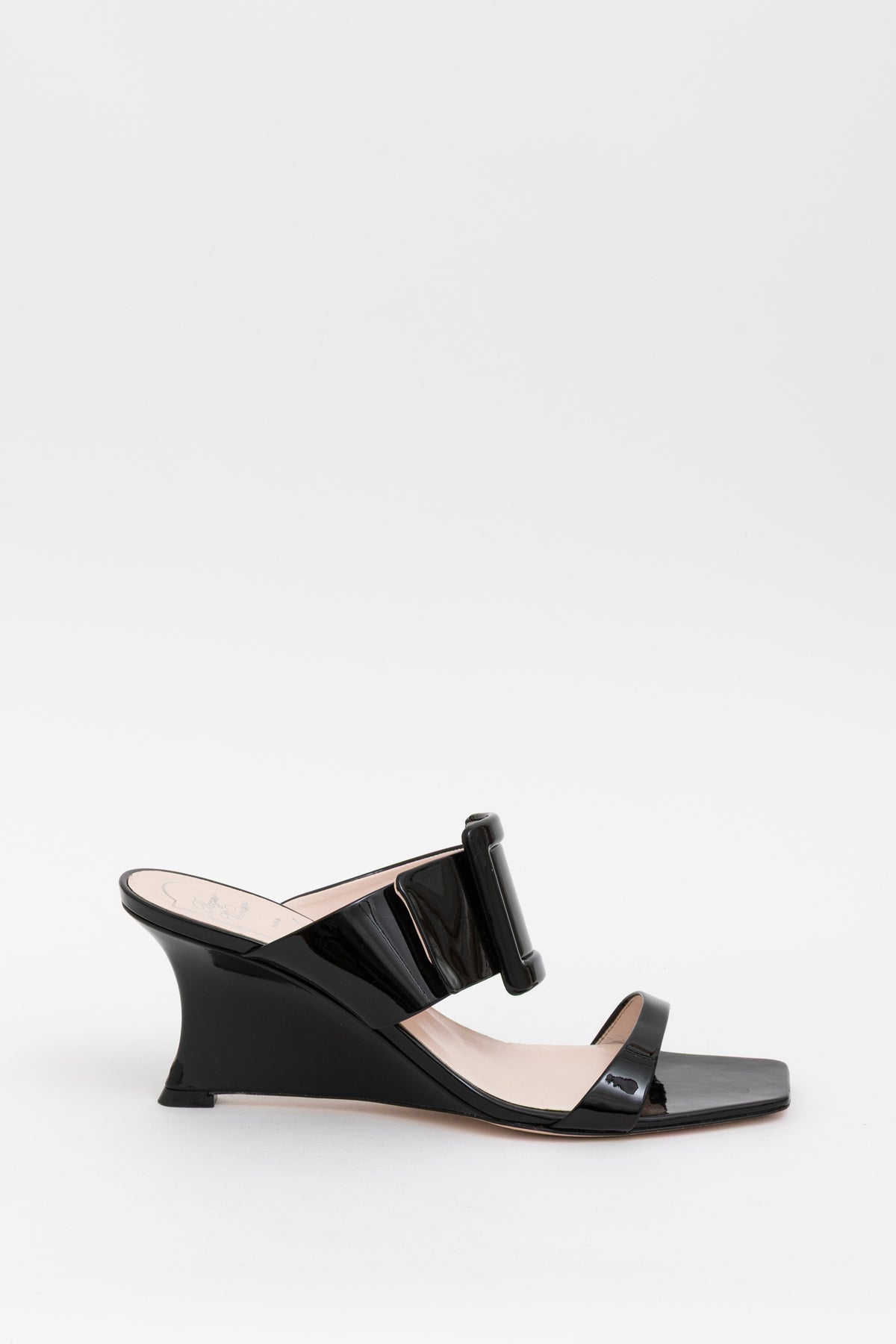 Curved Wedge Black Patent Mule