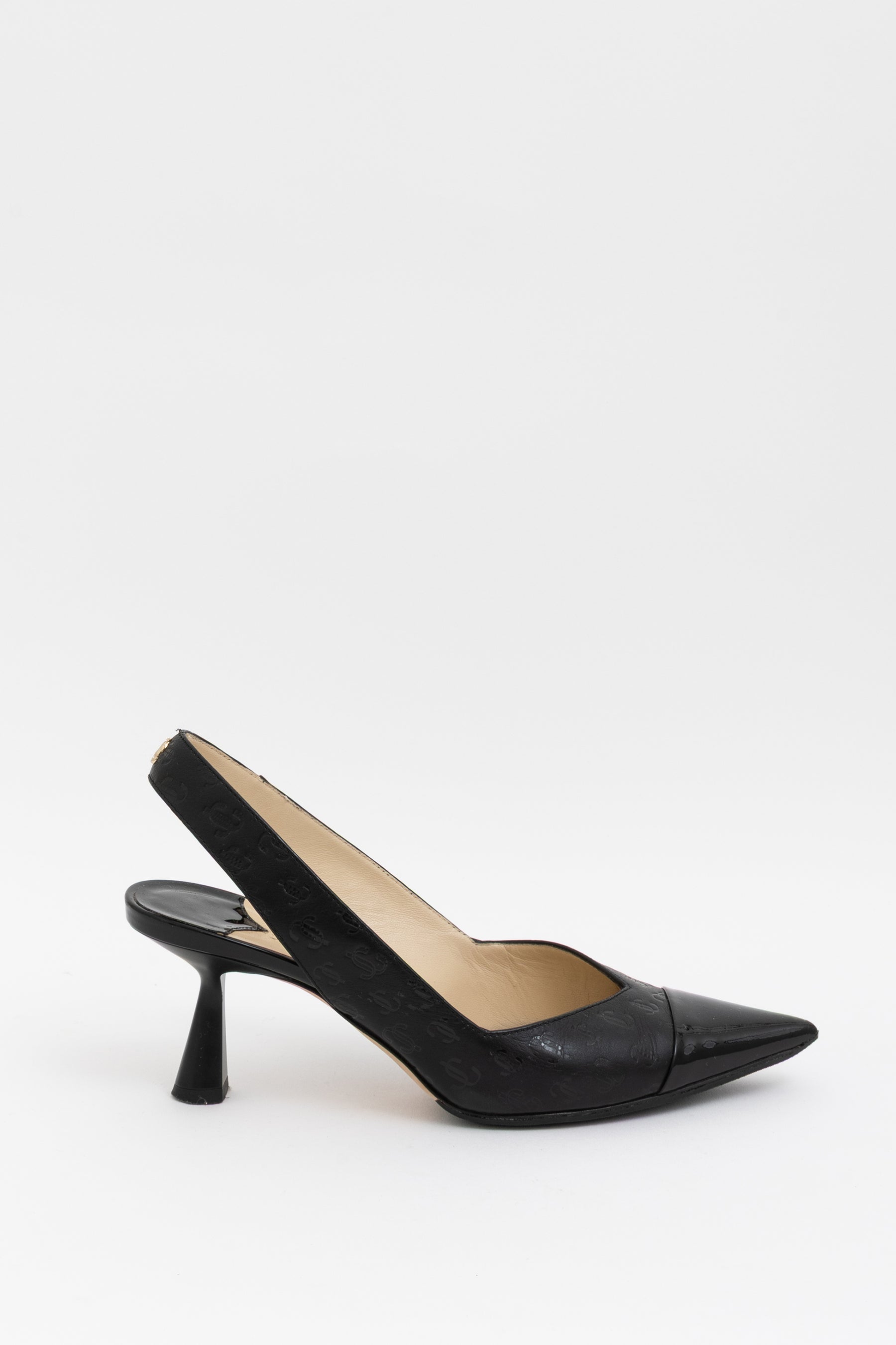Pointed Logo Embossed Slingback Pump