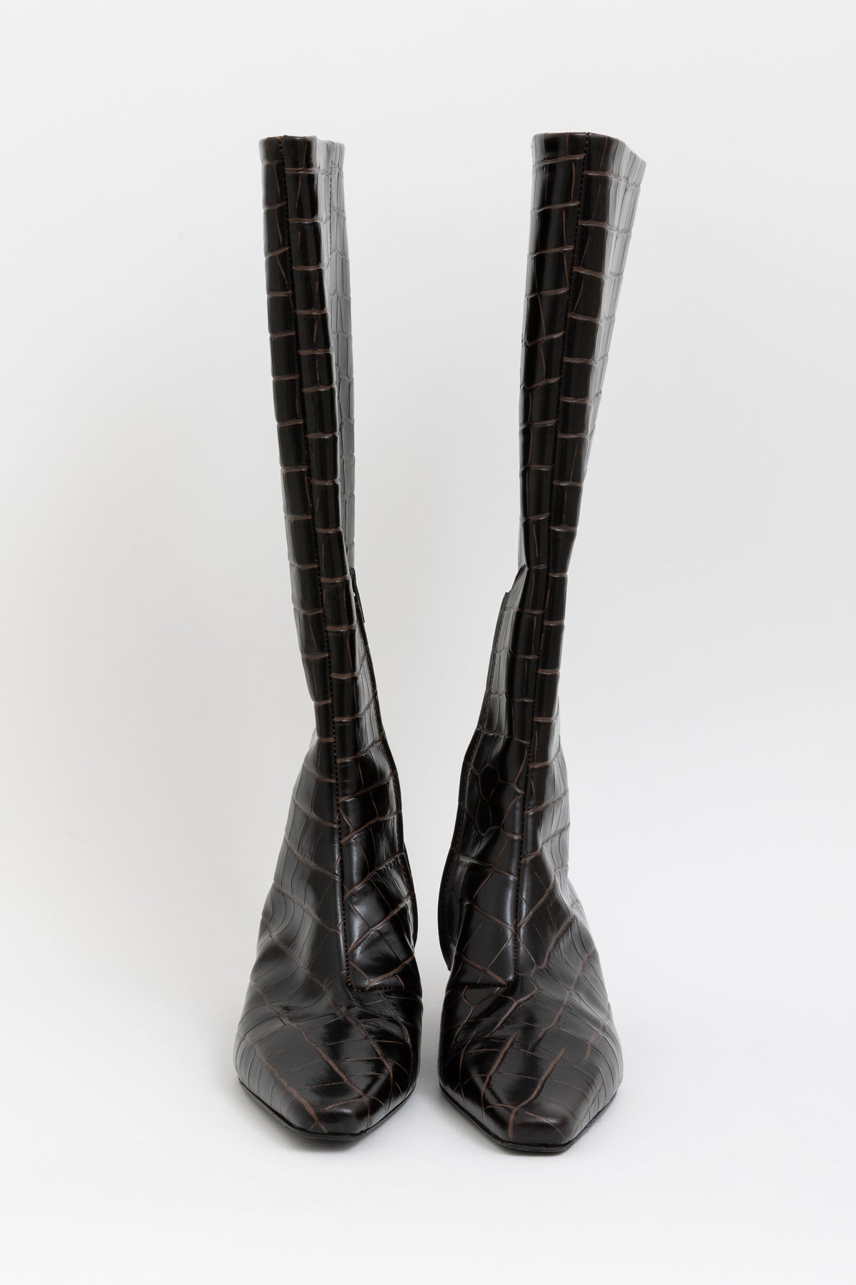 Slim Croco-Embossed Knee-High Kitten Heel Boots