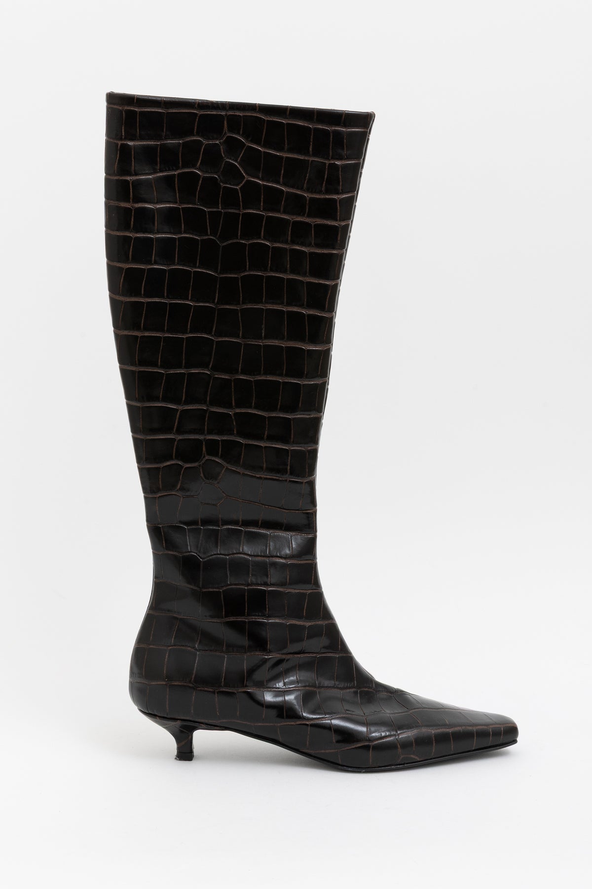 Slim Croco-Embossed Knee-High Kitten Heel Boots
