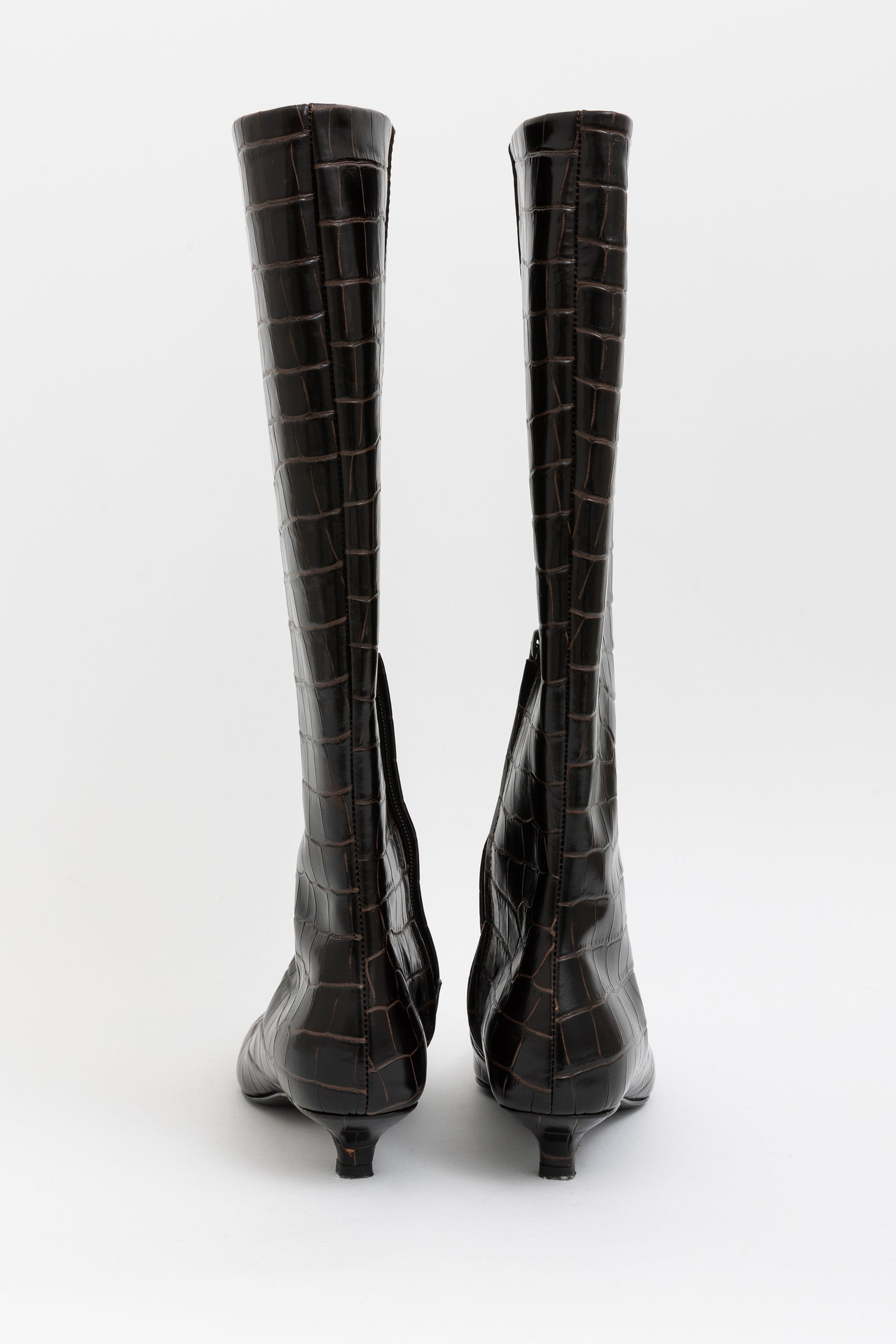 Slim Croco-Embossed Knee-High Kitten Heel Boots