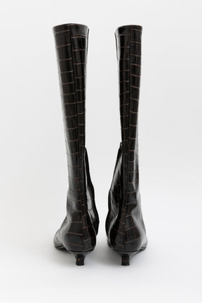 Slim Croco-Embossed Knee-High Kitten Heel Boots