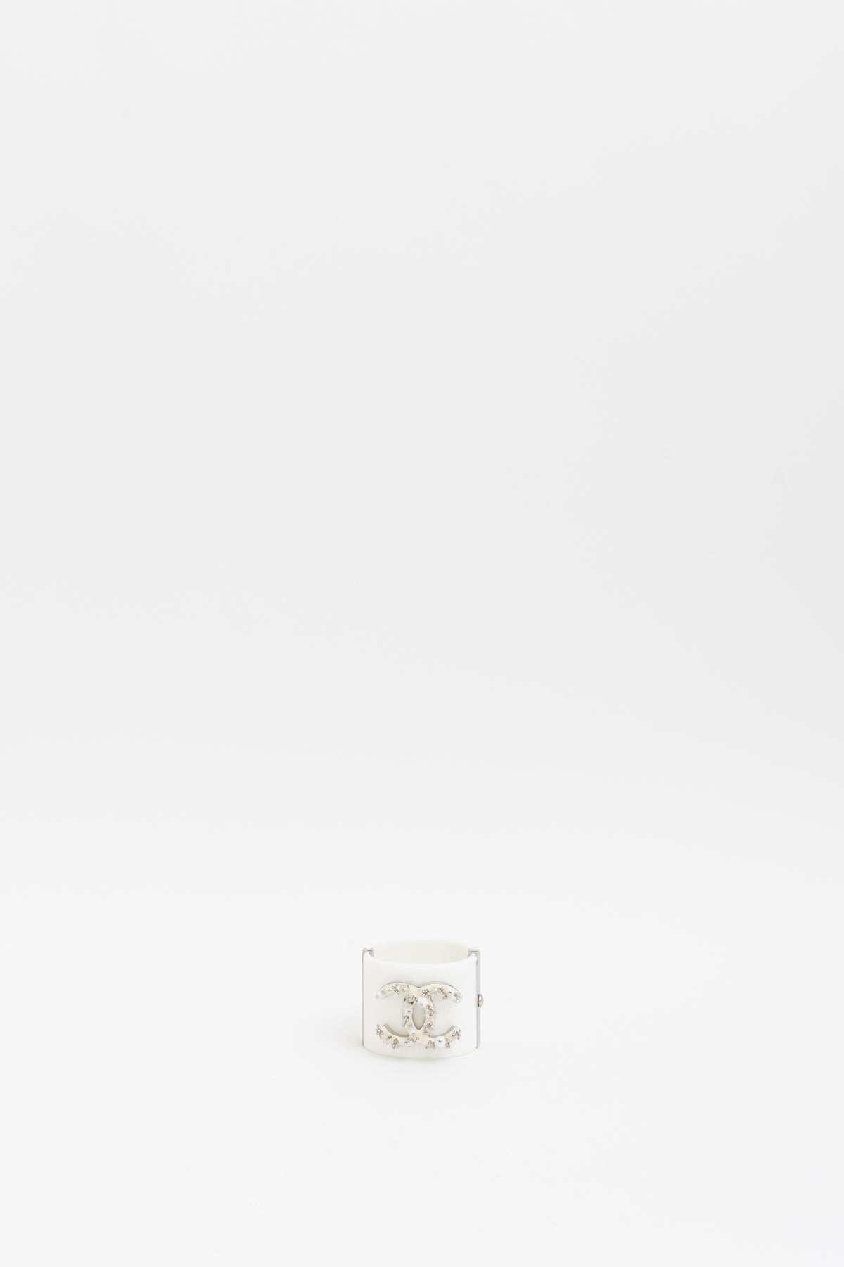 Chanel White and Silver Acrylic Logo Cuff