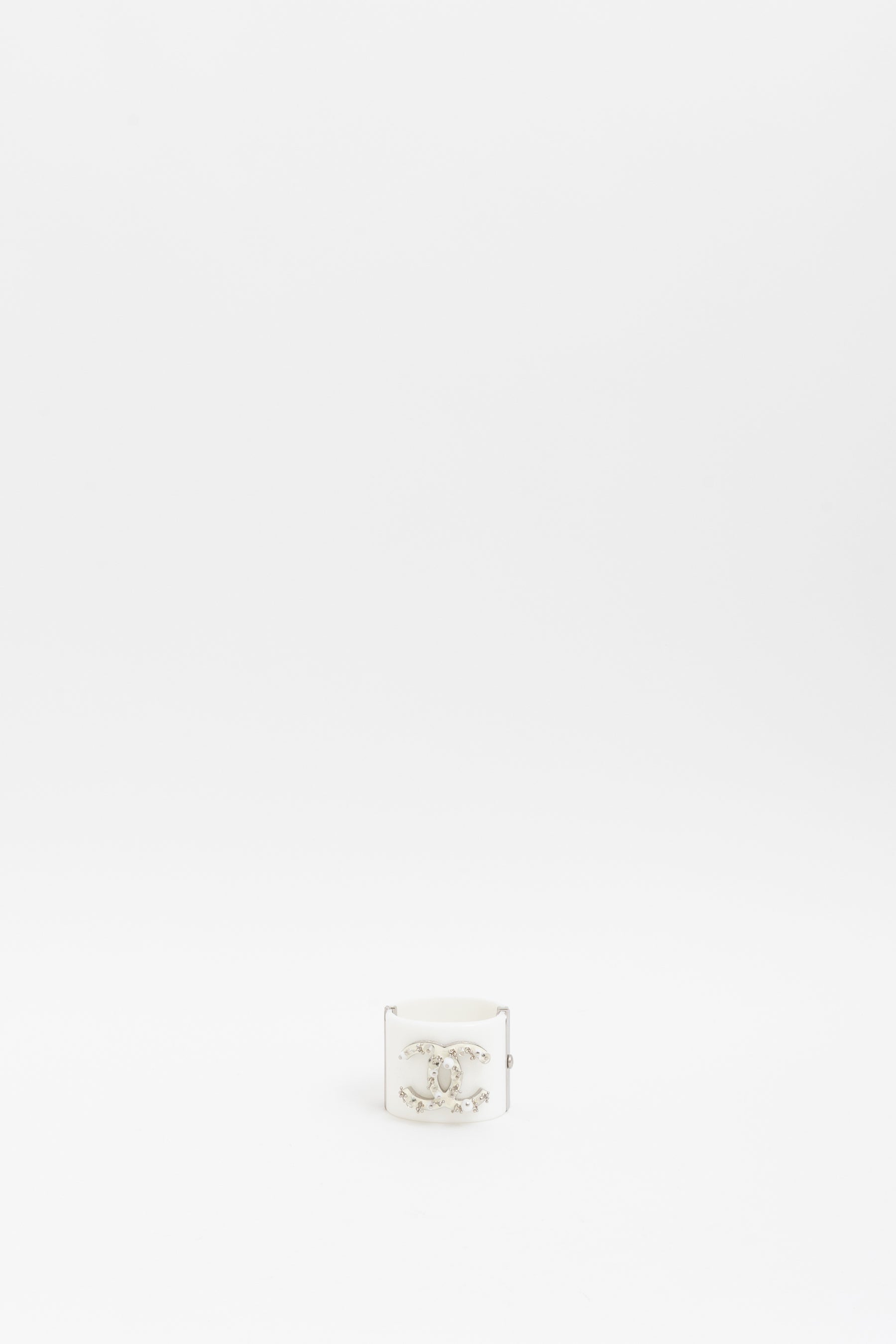 Chanel White and Silver Acrylic Logo Cuff