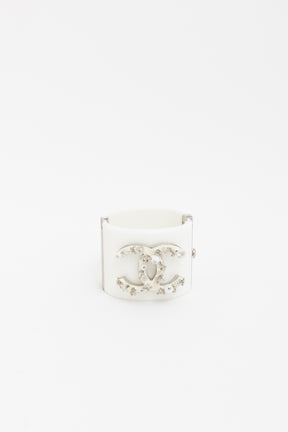 Chanel White and Silver Acrylic Logo Cuff