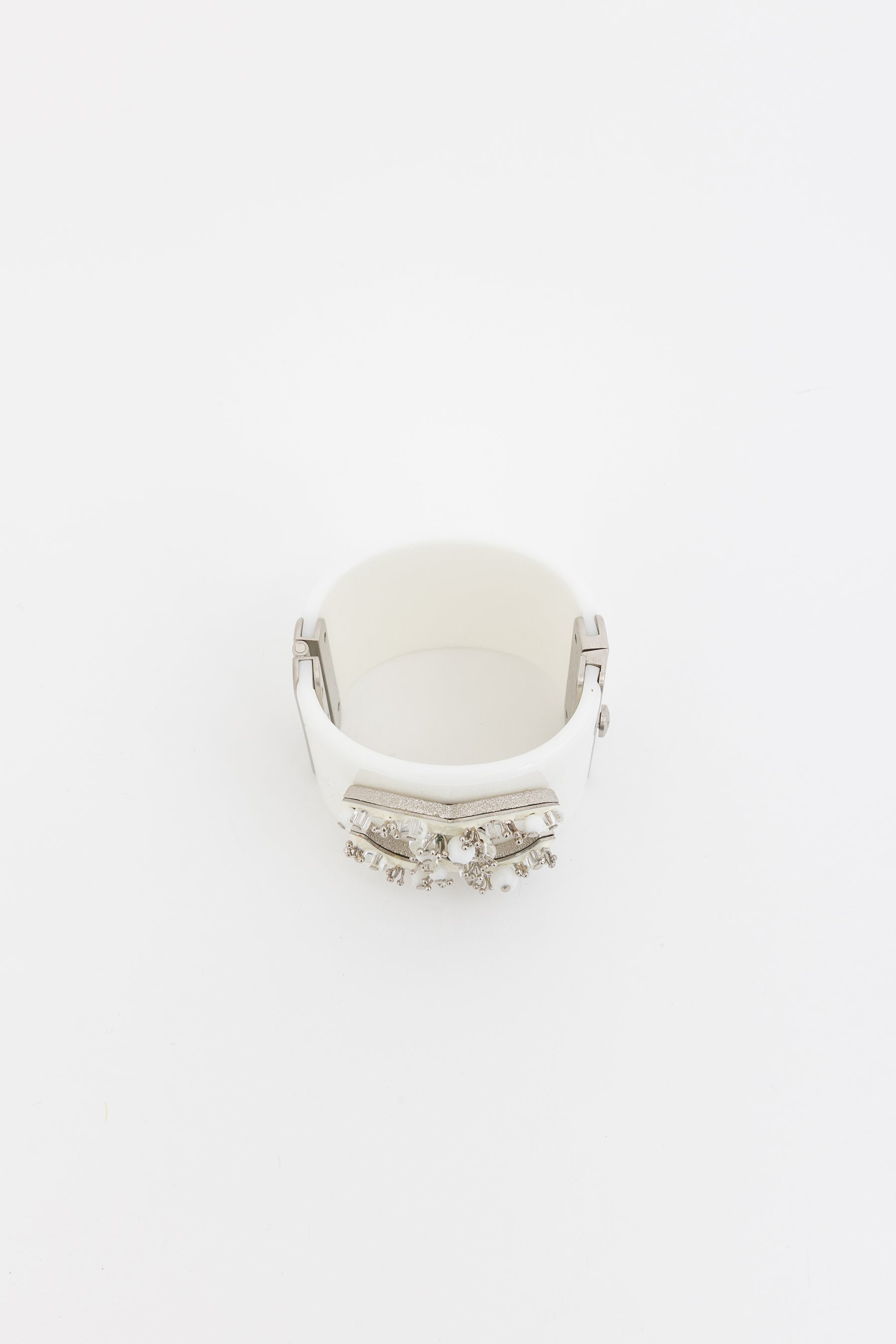 Chanel White and Silver Acrylic Logo Cuff