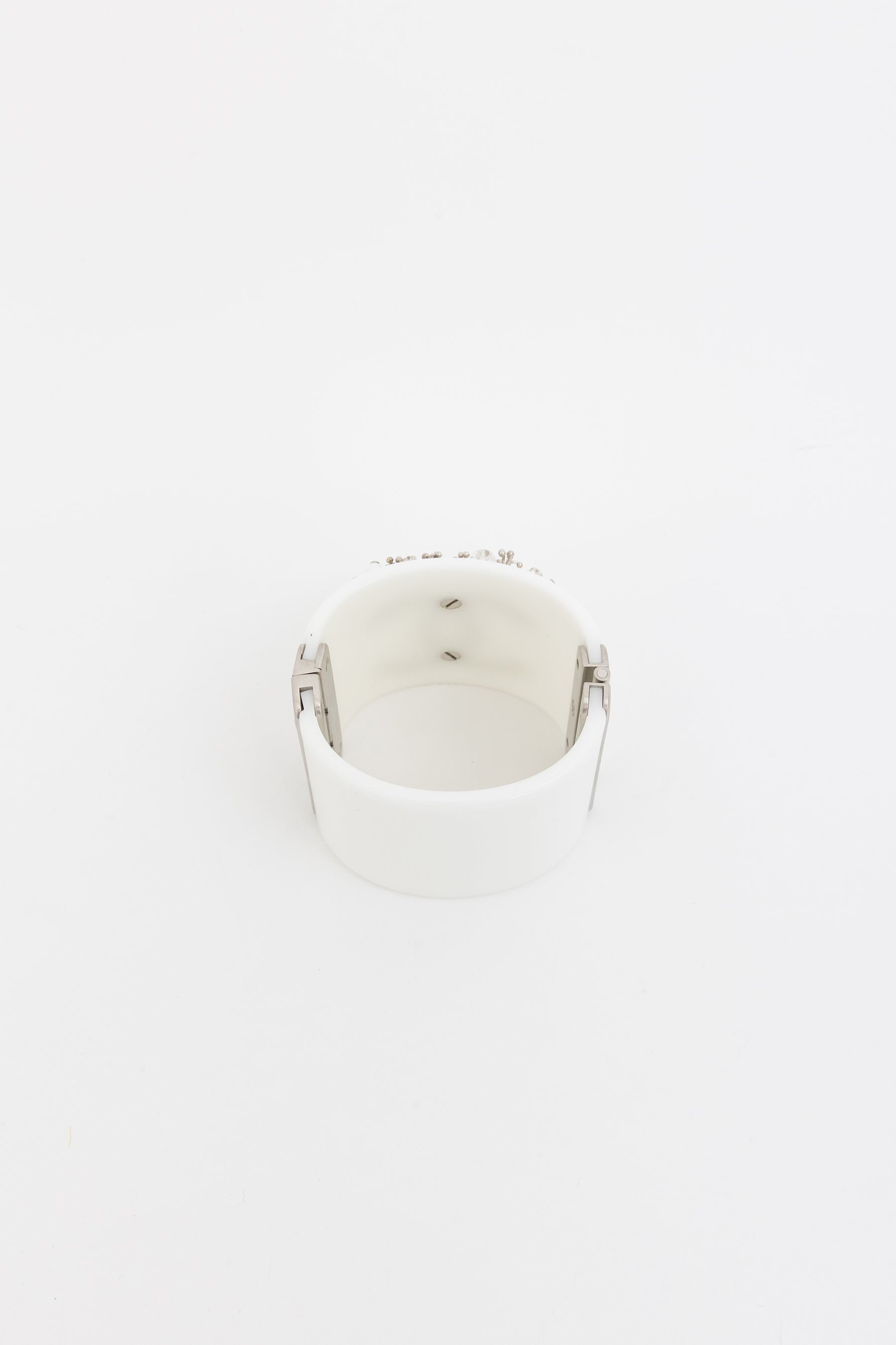 Chanel White and Silver Acrylic Logo Cuff