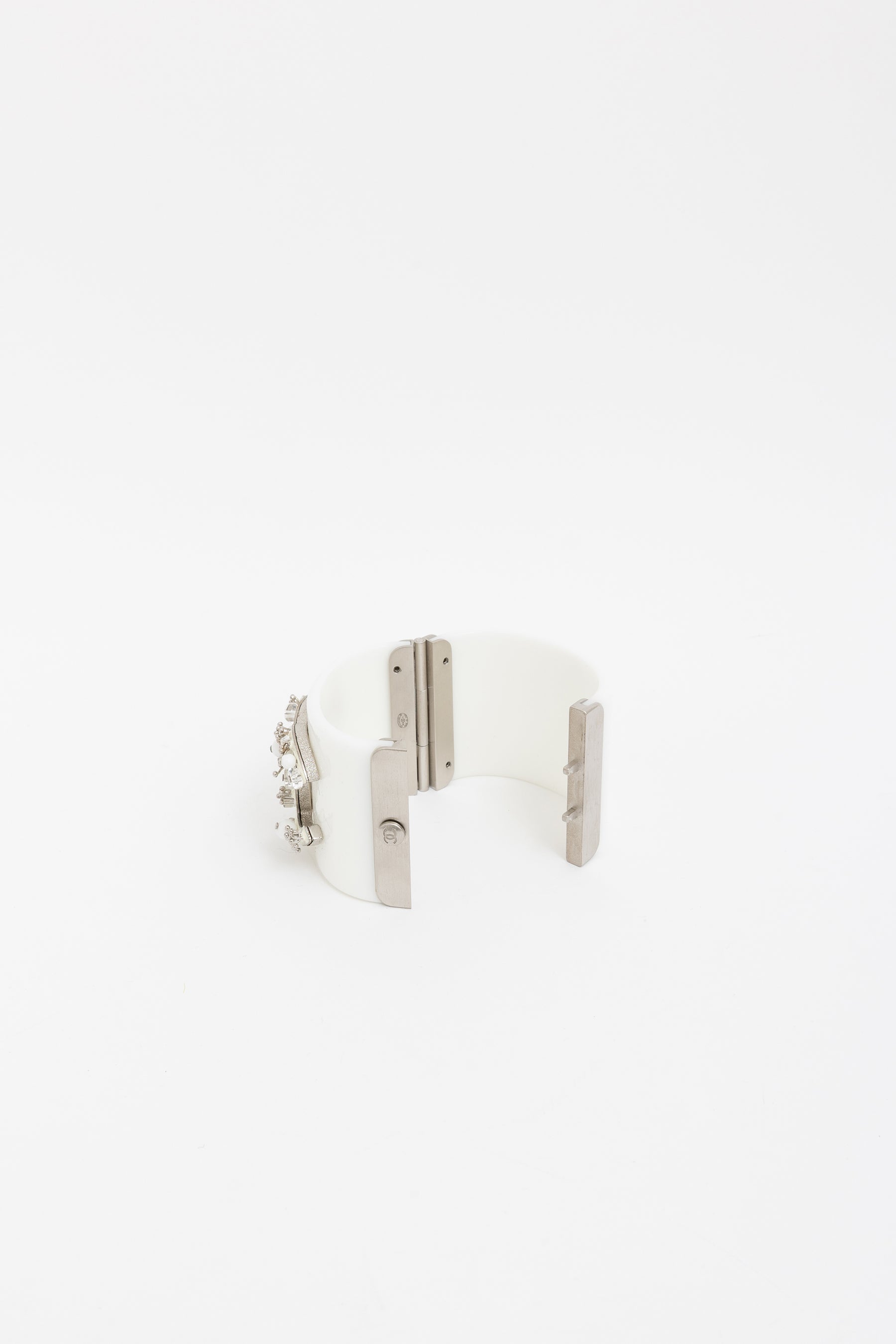 Chanel White and Silver Acrylic Logo Cuff