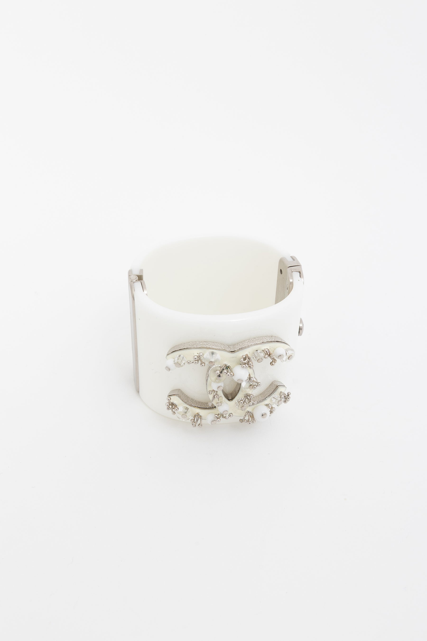 Chanel White and Silver Acrylic Logo Cuff