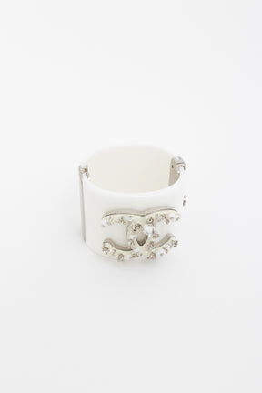 Chanel White and Silver Acrylic Logo Cuff