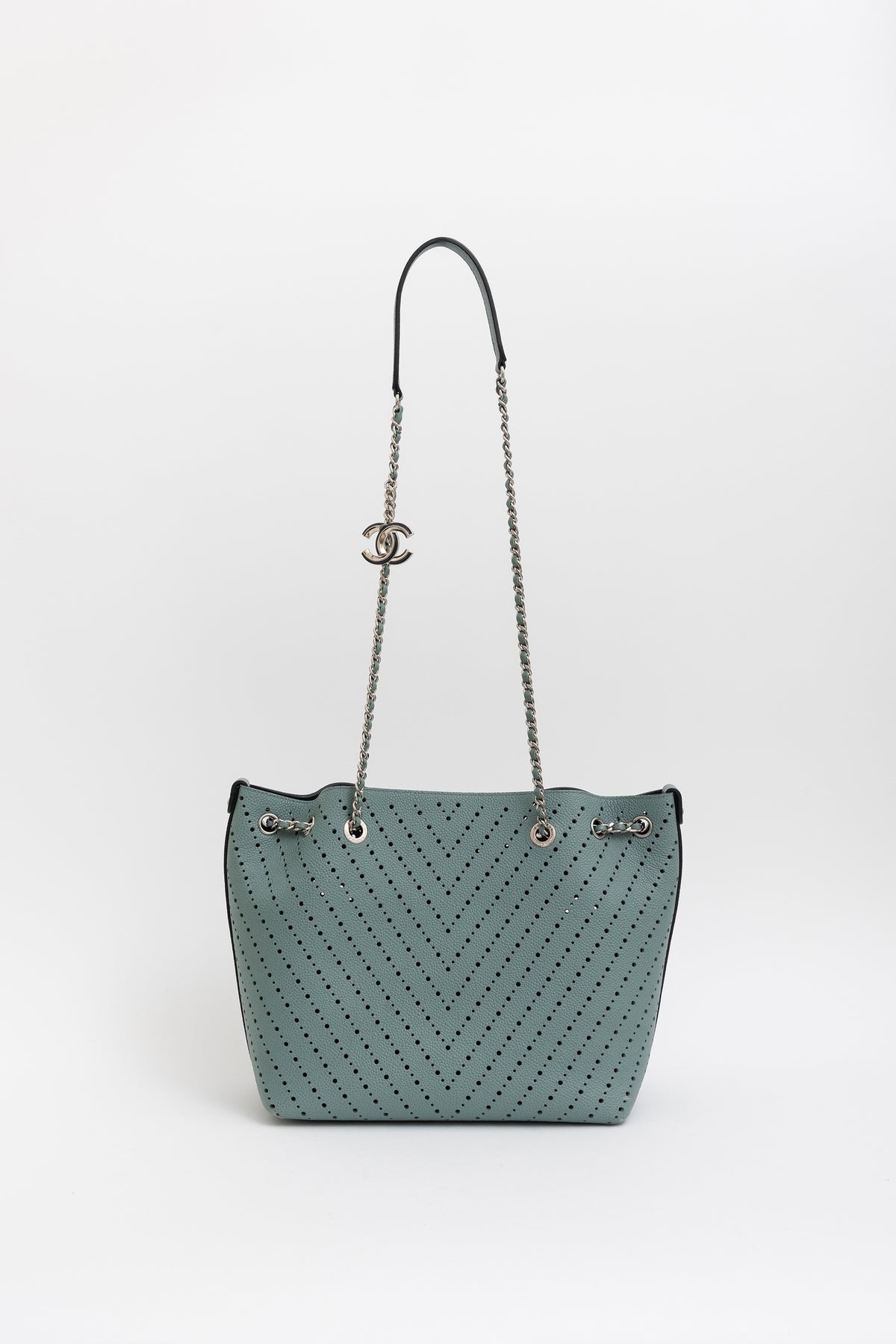 Seafoam Perforated Leather Small Tote Bag