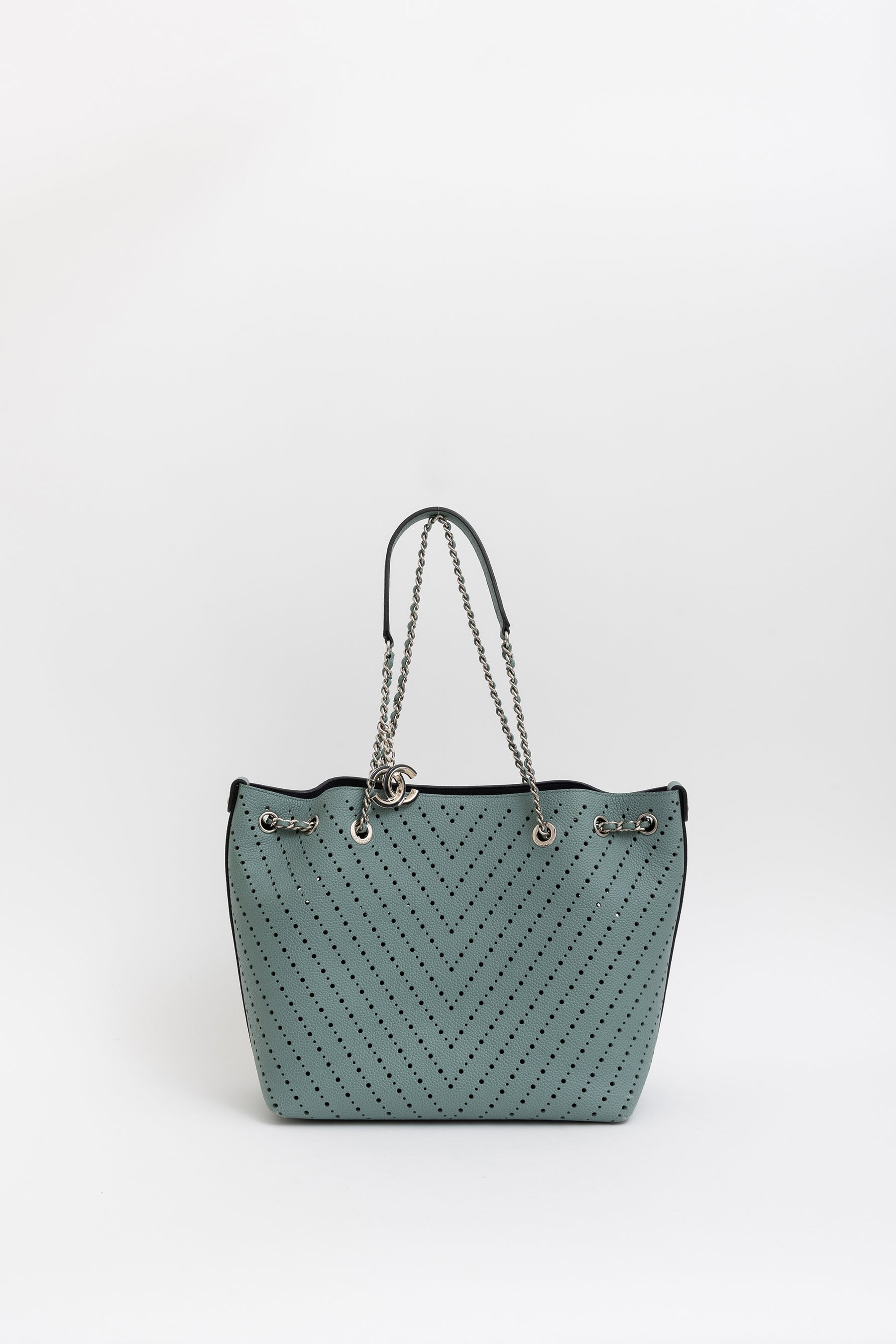 Seafoam Perforated Leather Small Tote Bag