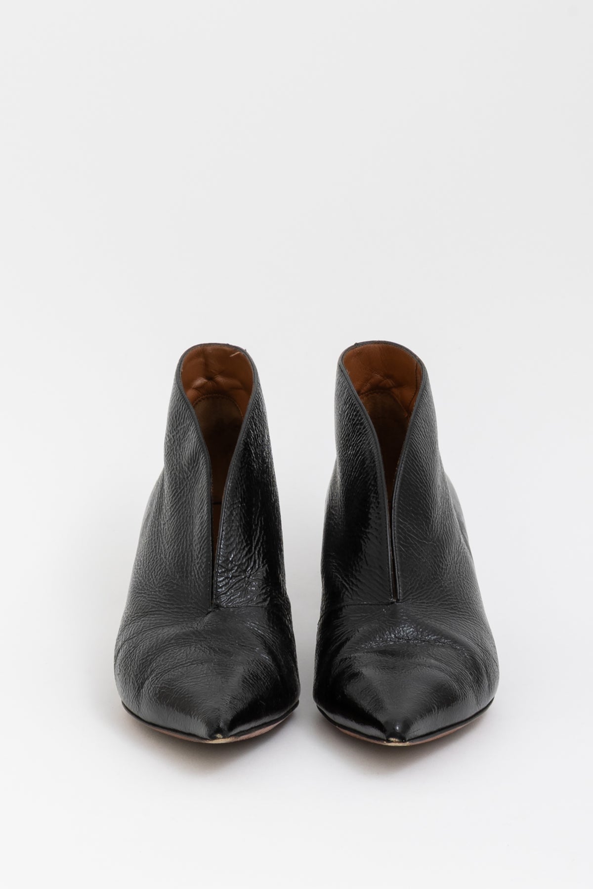 Crinkled Leather V-Neck Ankle Boots