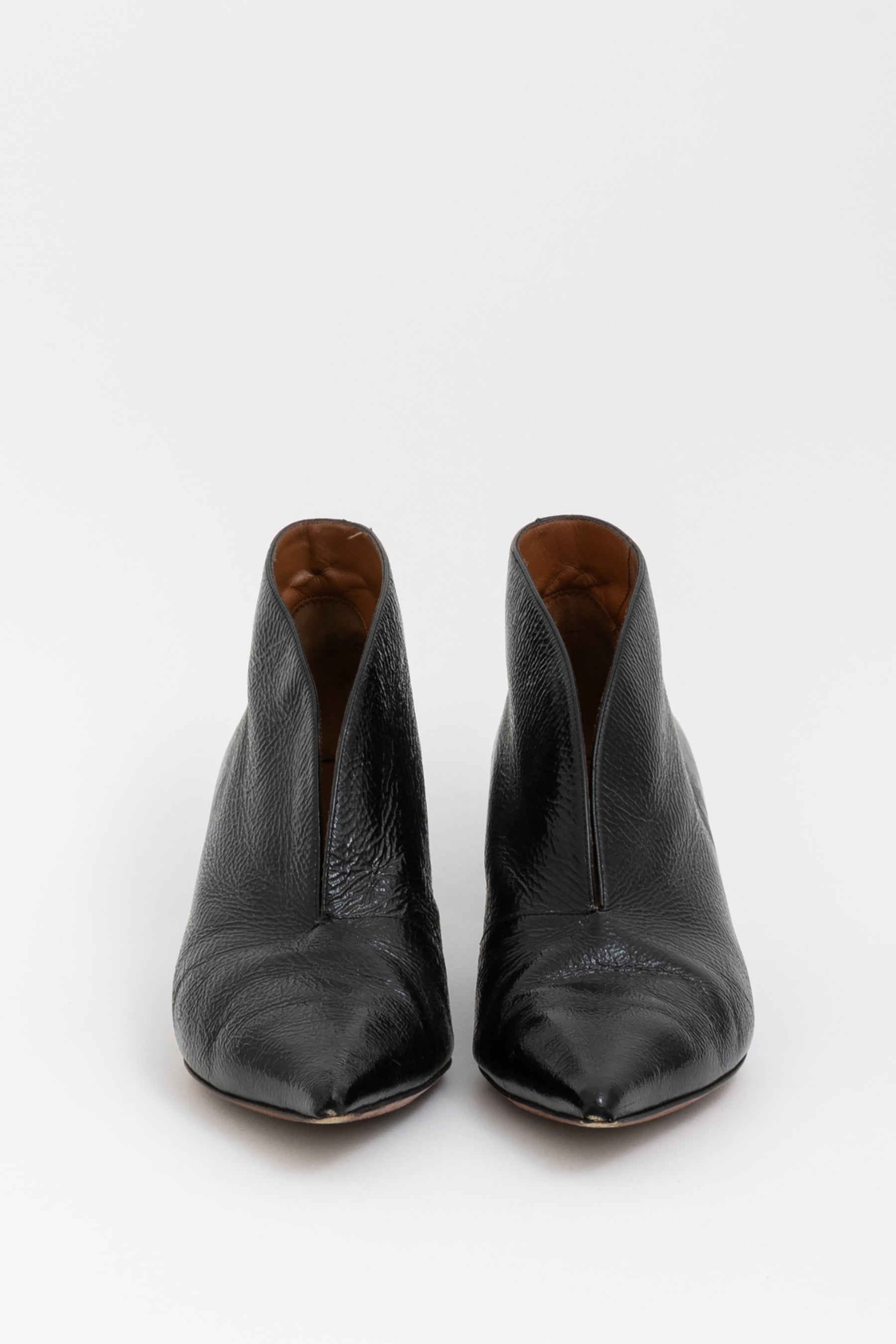 Crinkled Leather V-Neck Ankle Boots