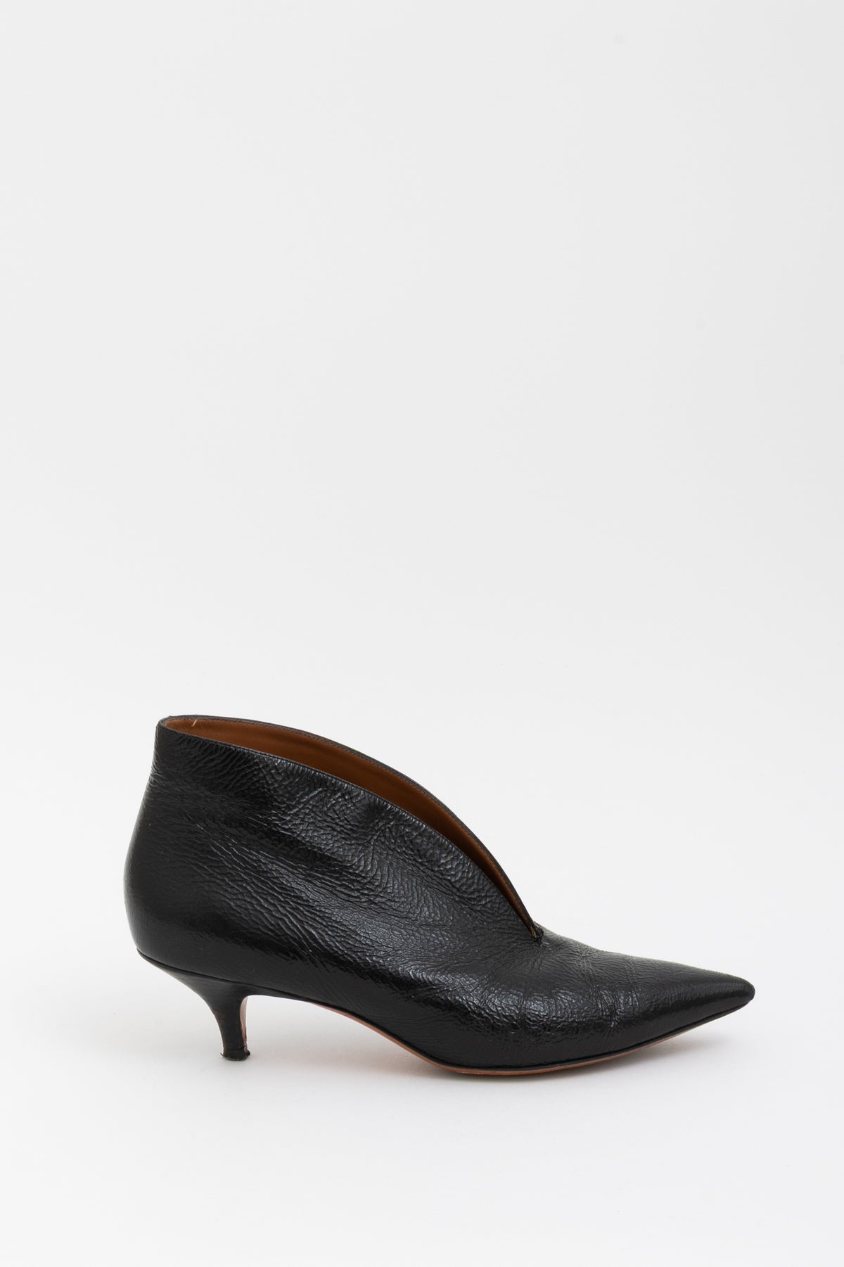 Crinkled Leather V-Neck Ankle Boots
