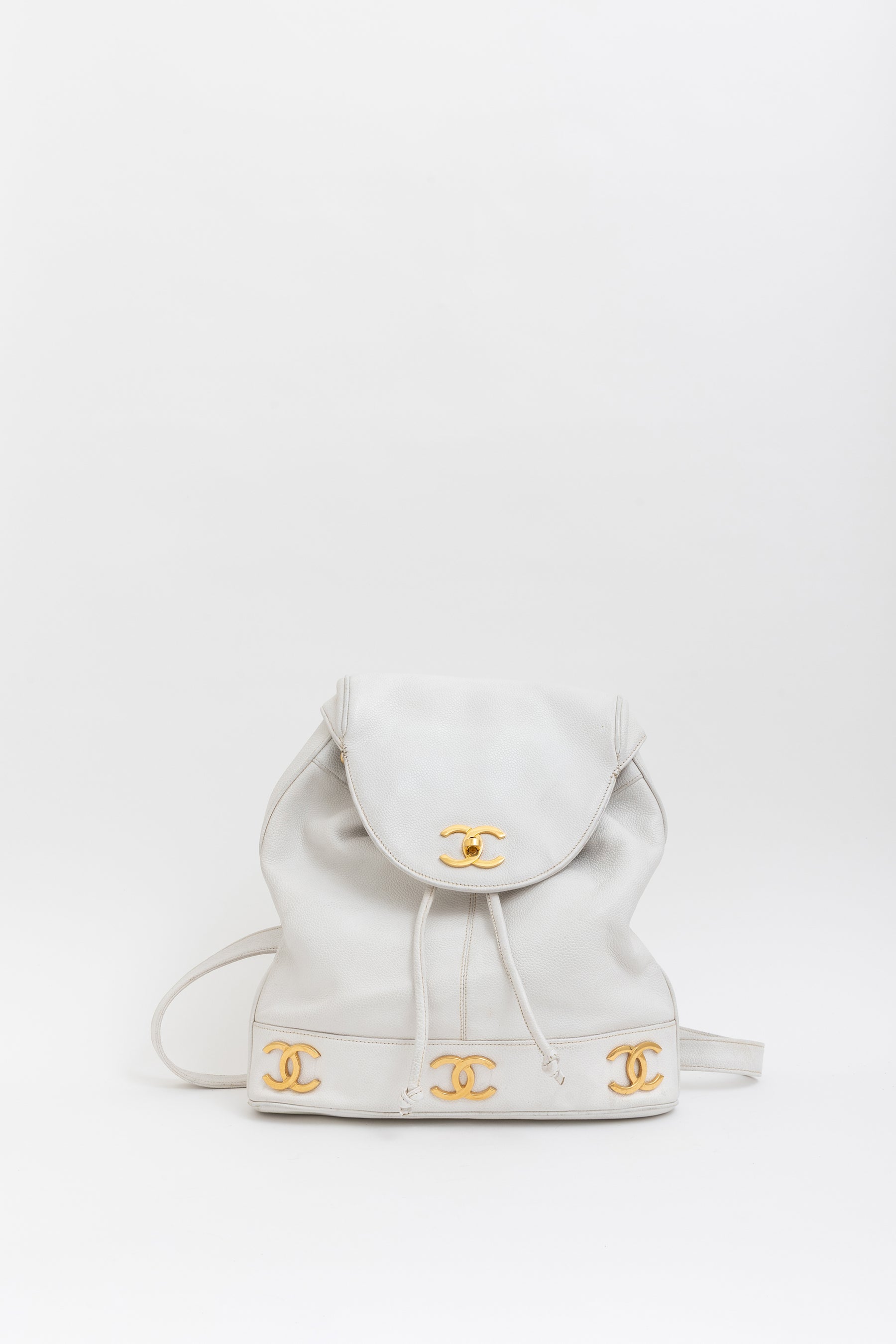 Vintage Chanel White Caviar Leather Triple CC Logo Backpack
