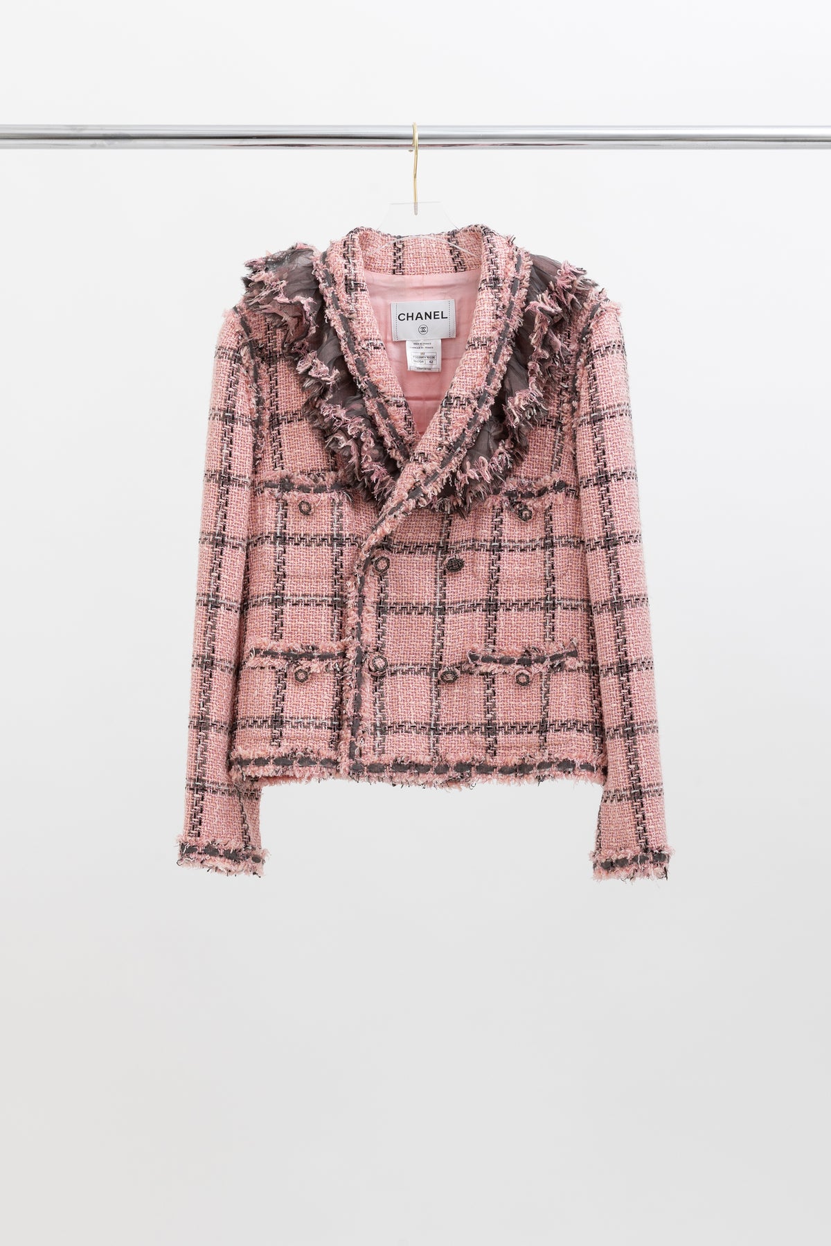 Chanel Pink and Grey Tweed Jacket with Detachable Frill Collar, 42 FR