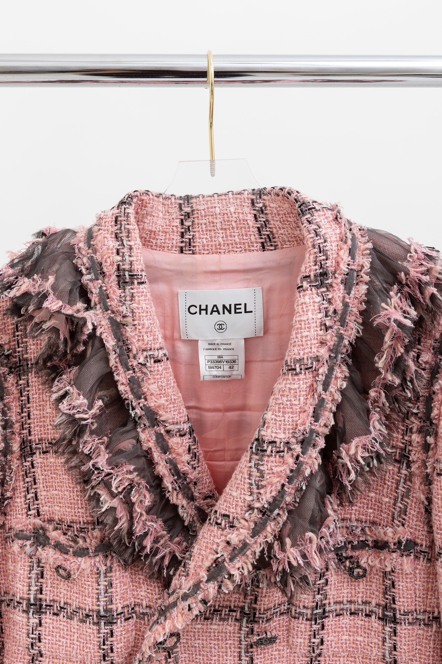 Chanel Pink and Grey Tweed Jacket with Detachable Frill Collar, 42 FR